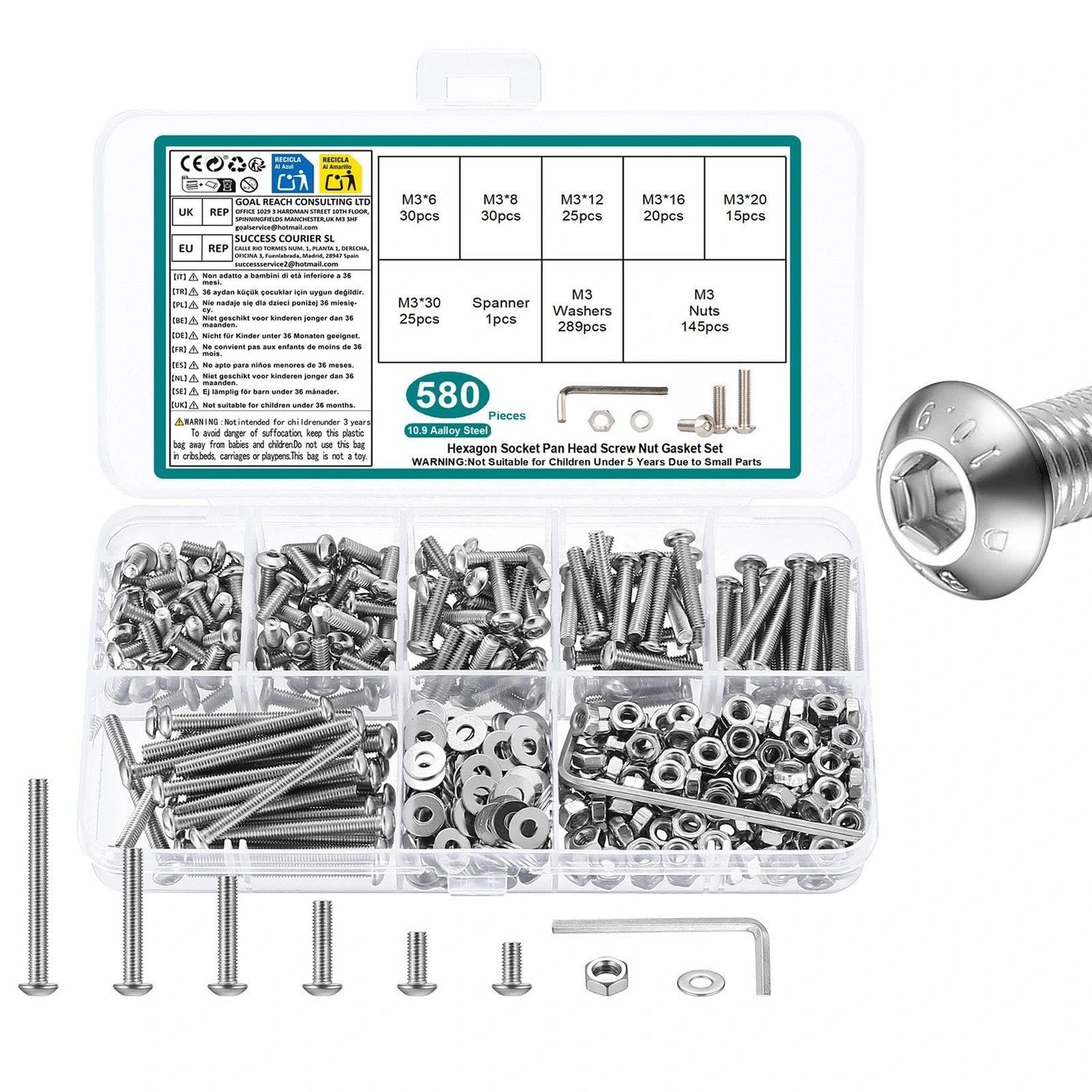 580 PCS M3 Screws Assortment Kit, Hex Button Head with M3, silver 580 PCS M3 Screws Assortment Kit, Hex Button Head with M3, silver
