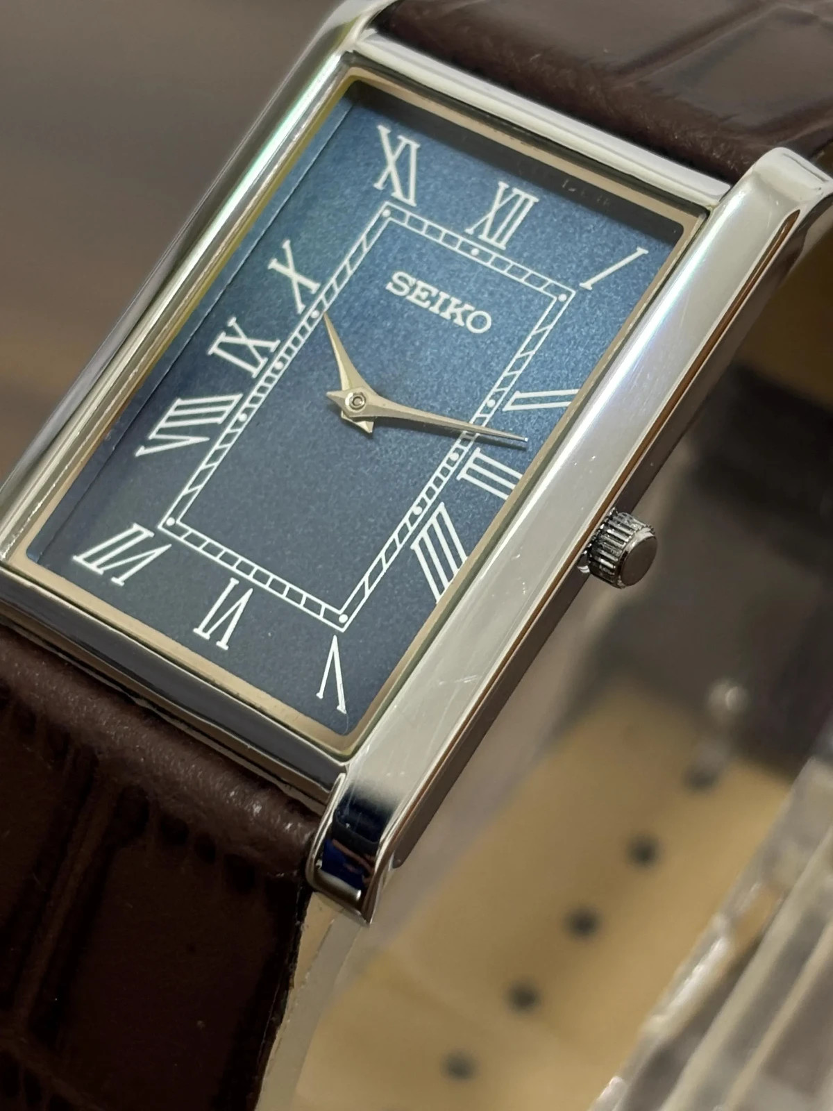 Vintage Refurbished Seiko Slim Tank Men\'s Wrist Watch -Leather Band
