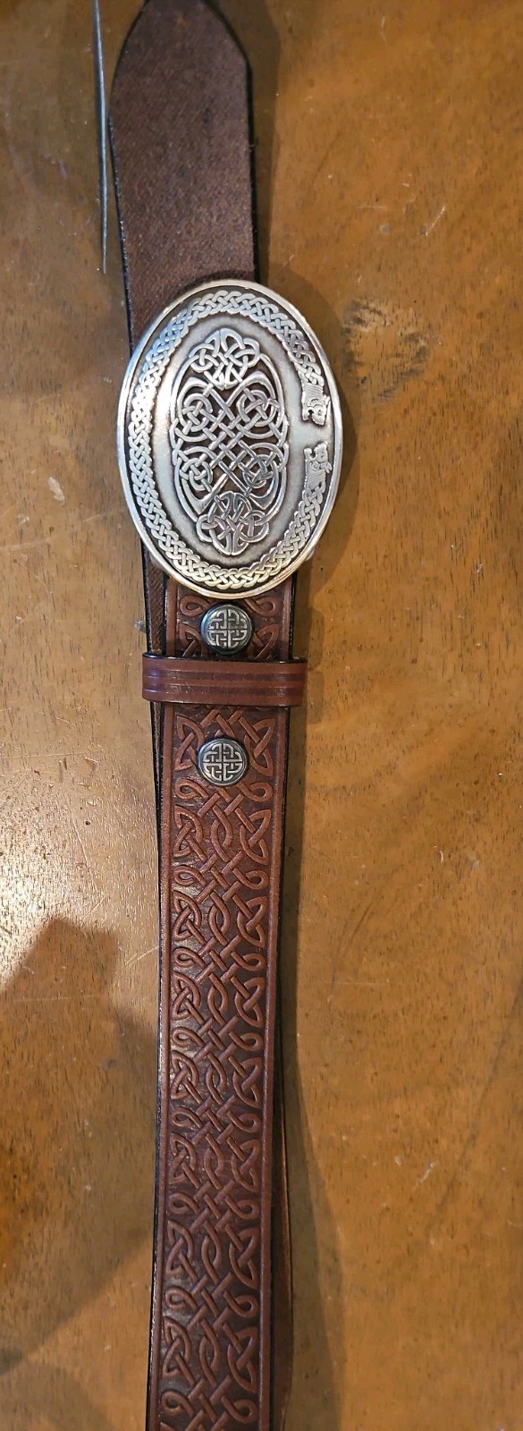 LEE RIVER Genuine Leather Belt Made in Ireland Brown Celtic Knot Buckle 32/34 M 