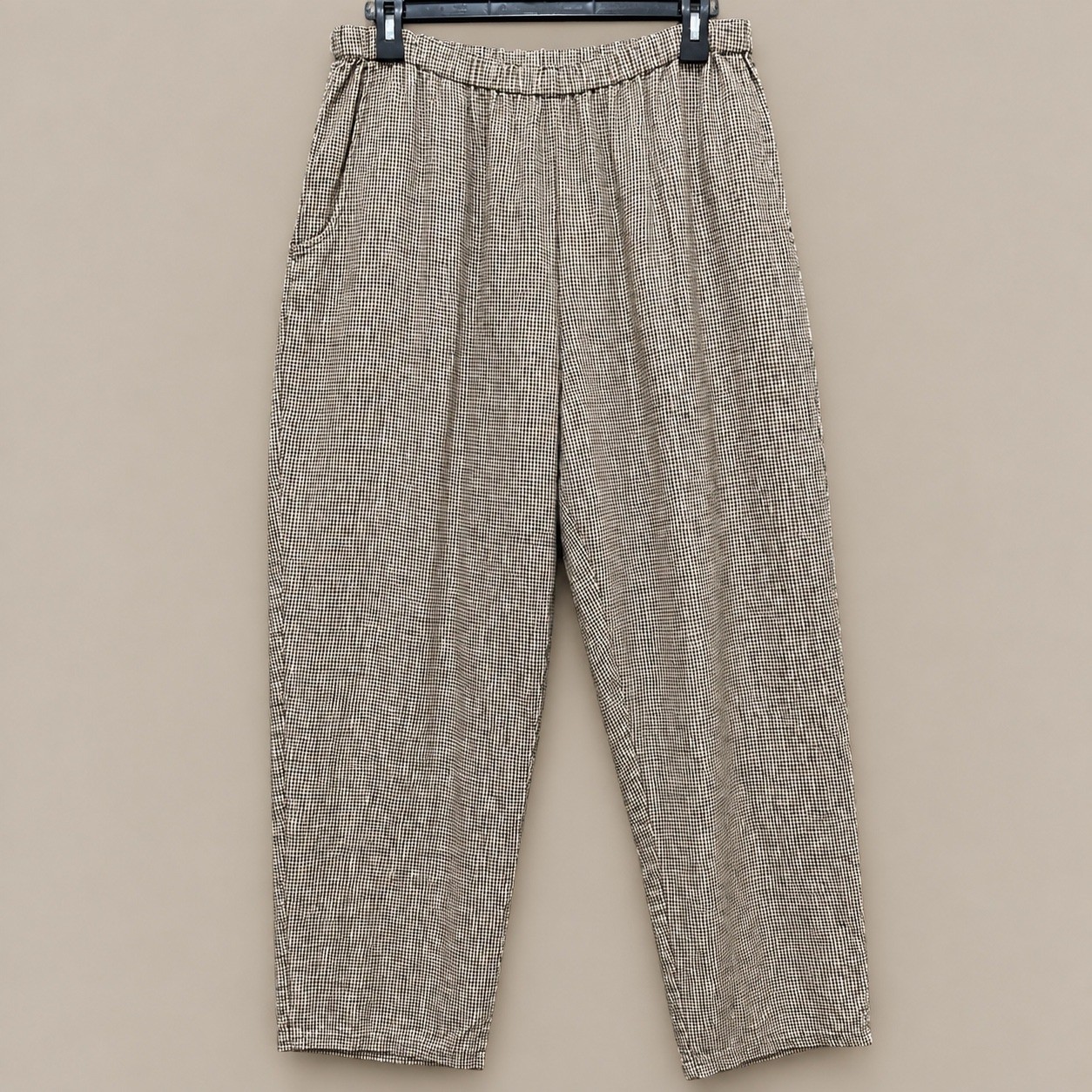FLAX Linen Pants Womens Medium Brown Check Excellent Elastic Waist Lagenlook