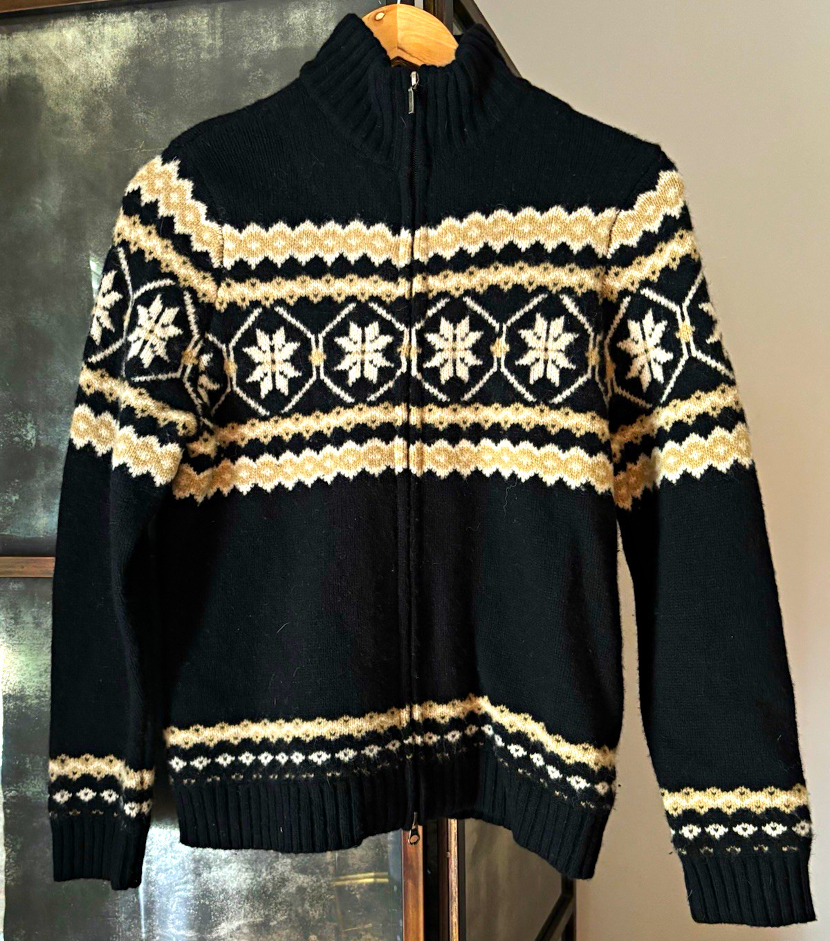 Vintage Eddie Bauer Wool Fair Isle Full Zip Mock Neck Knit Sweater M