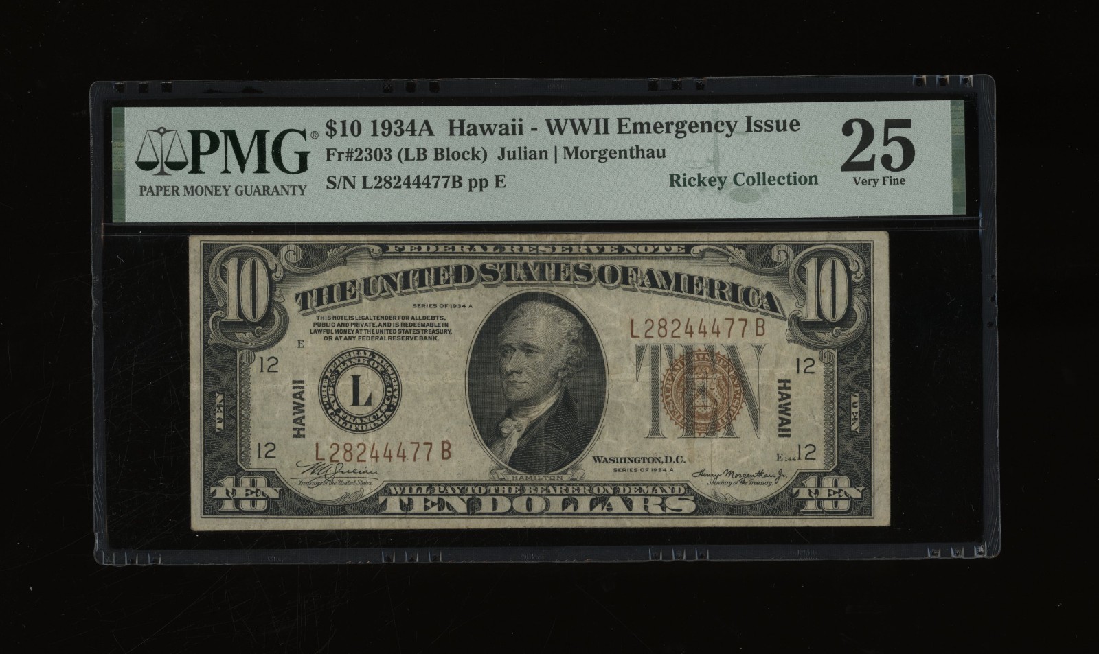 DBR 1934-A $10 FRN Hawaii LB Block Fr. 2303 PMG 25 Serial L28244477B