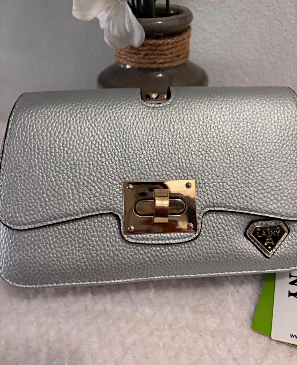 LANY Silver Pebbled Small Shoulder Bag Top Handle Gold Turn Lock Zip Pockets