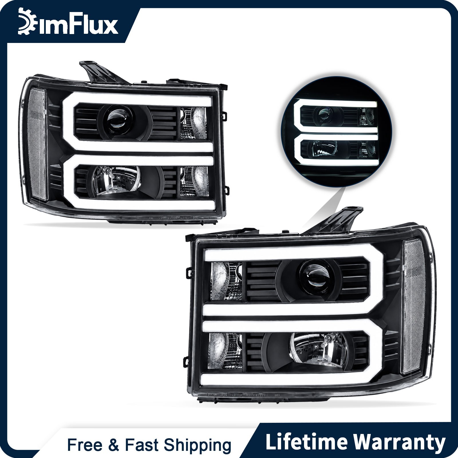 DimFlux LED DRL Headlights for 07-13 GMC Sierra 1500 2500HD 3500HD Black Housing DimFlux LED DRL Headlights for 07-13 GMC Sierra 1500 2500HD 3500HD Black Housing