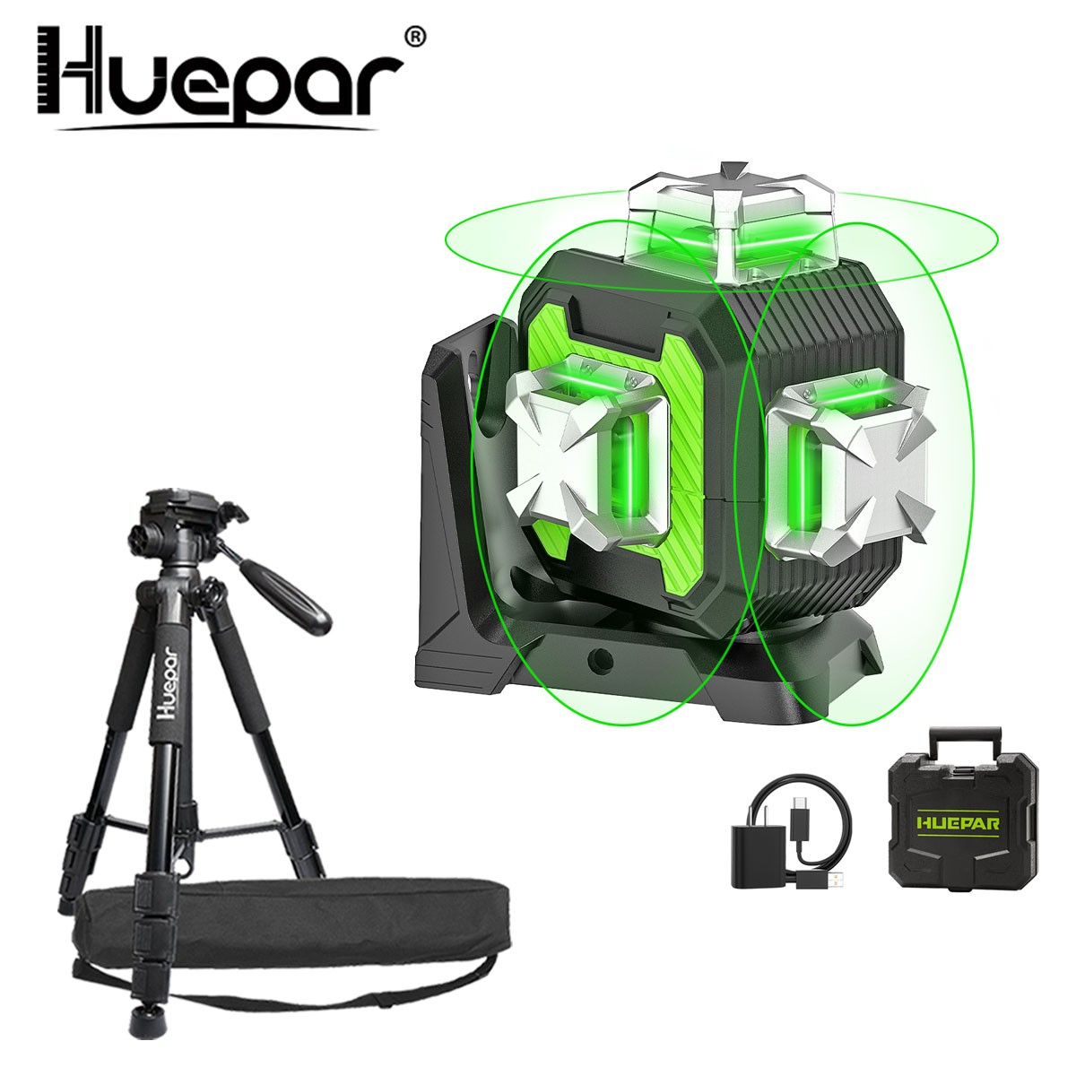 Huepar SE13CG 3D Green Self-leveling Laser Level with Metal Laser Window +Tripod