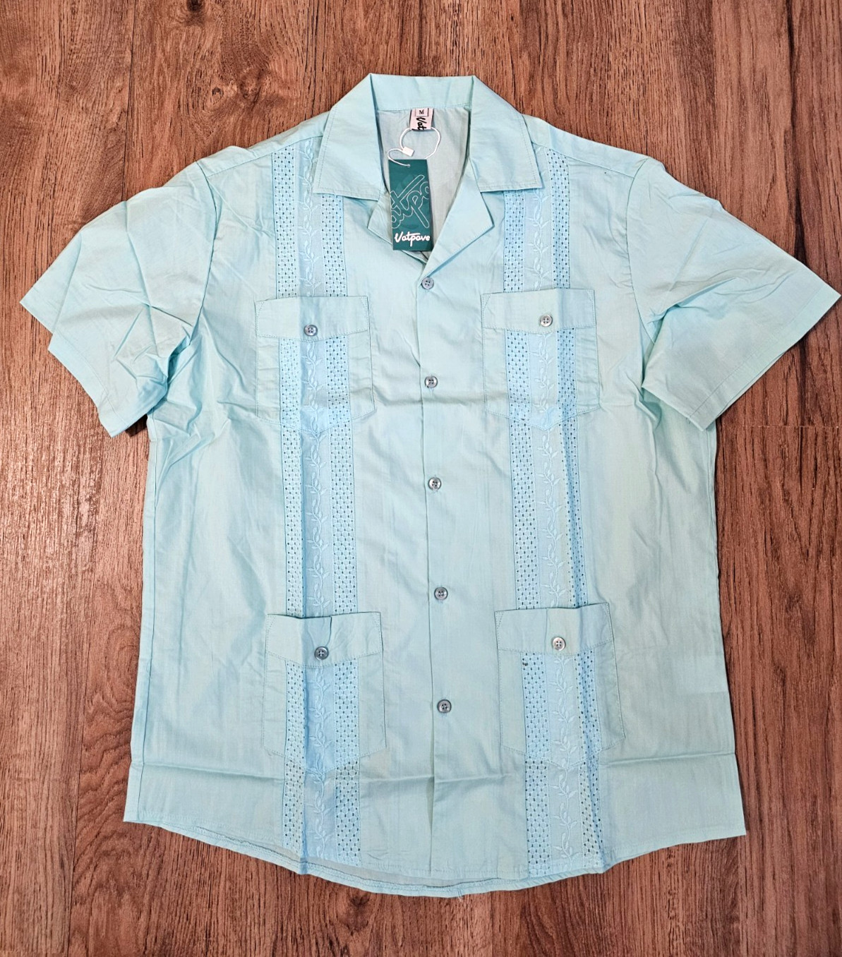 Vatpave Cuban Guayabera Shirt New Aqua 4 Pockets Embroidered Mens Medium NWT
