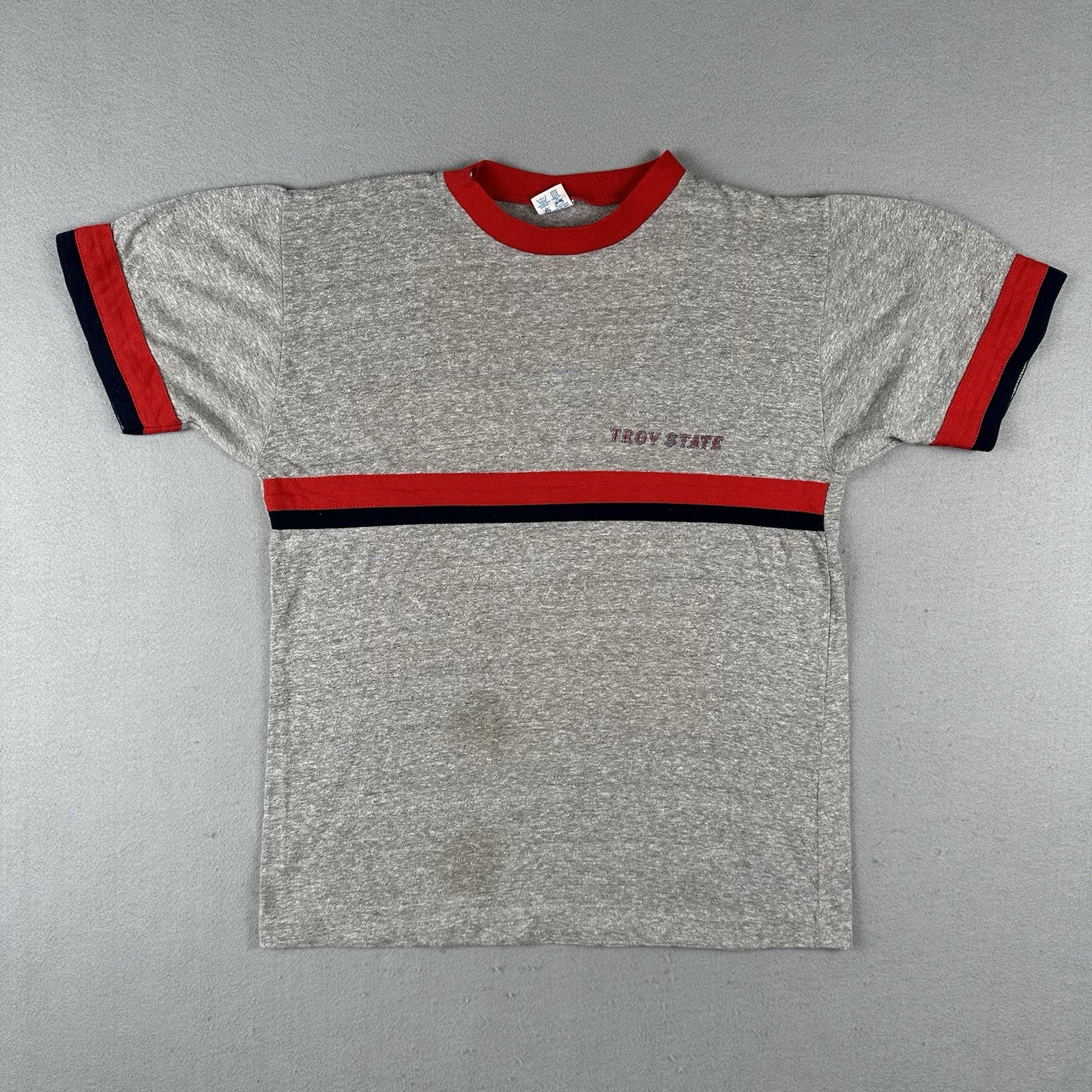 Vtg 80s Champion Troy State Ringer Shirt Men’s Large Gray Red Crew Neck School