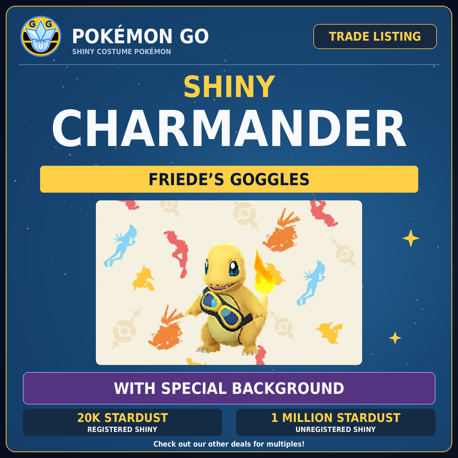 Pokémon GO Shiny Charmander Friede Goggles Special Background Trade PTC XXS XXL