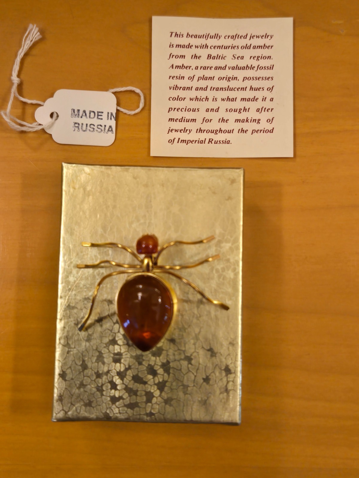 Vintage Russian Baltic Amber Spider Brooch – Maker’s Mark – Original Box & Card