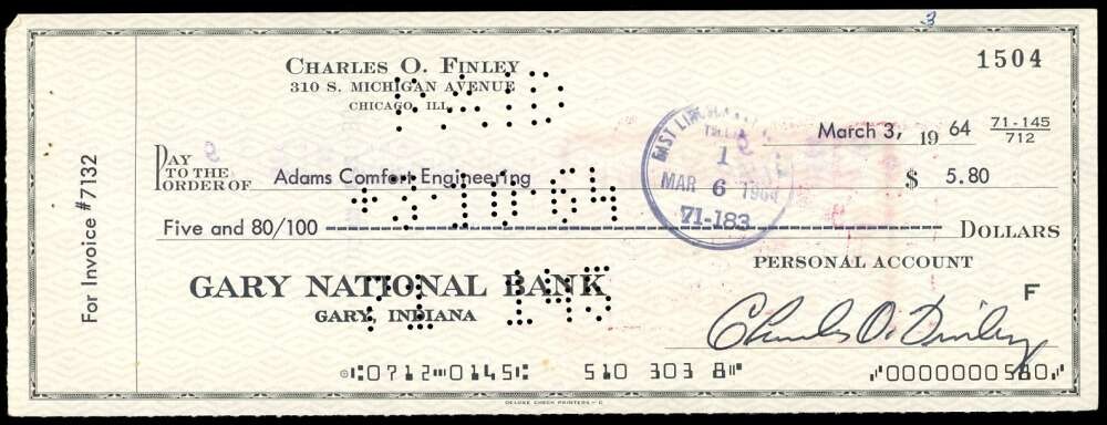 Charles O Finley Beckett BAS Signed 1964 Personal Check Kansas City A`s Auto Charles O Finley Beckett BAS Signed 1964 Personal Check Kansas City A`s Auto