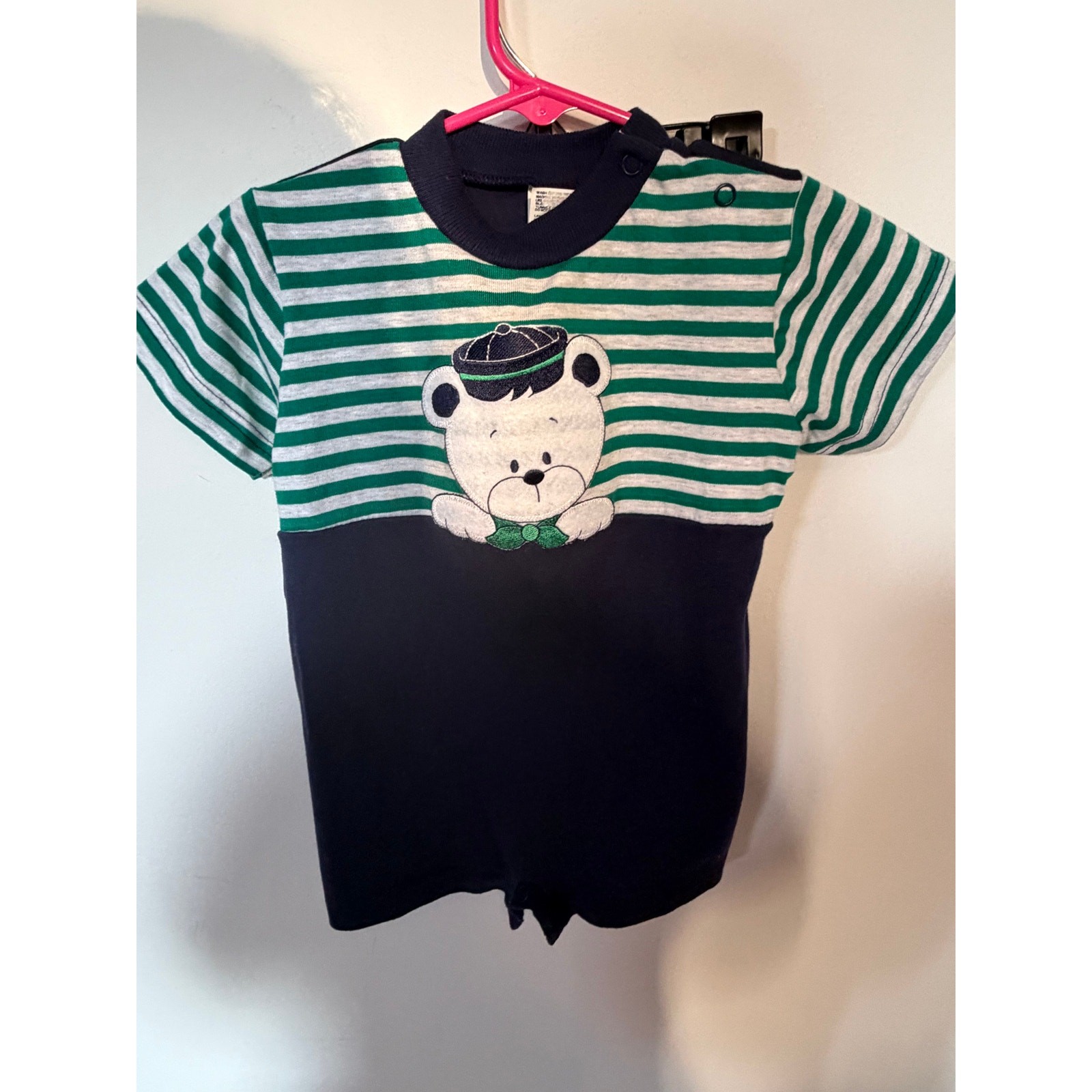 Vintage Healthtex Boys 18M Teddy Bear Applique Striped Romper 90s