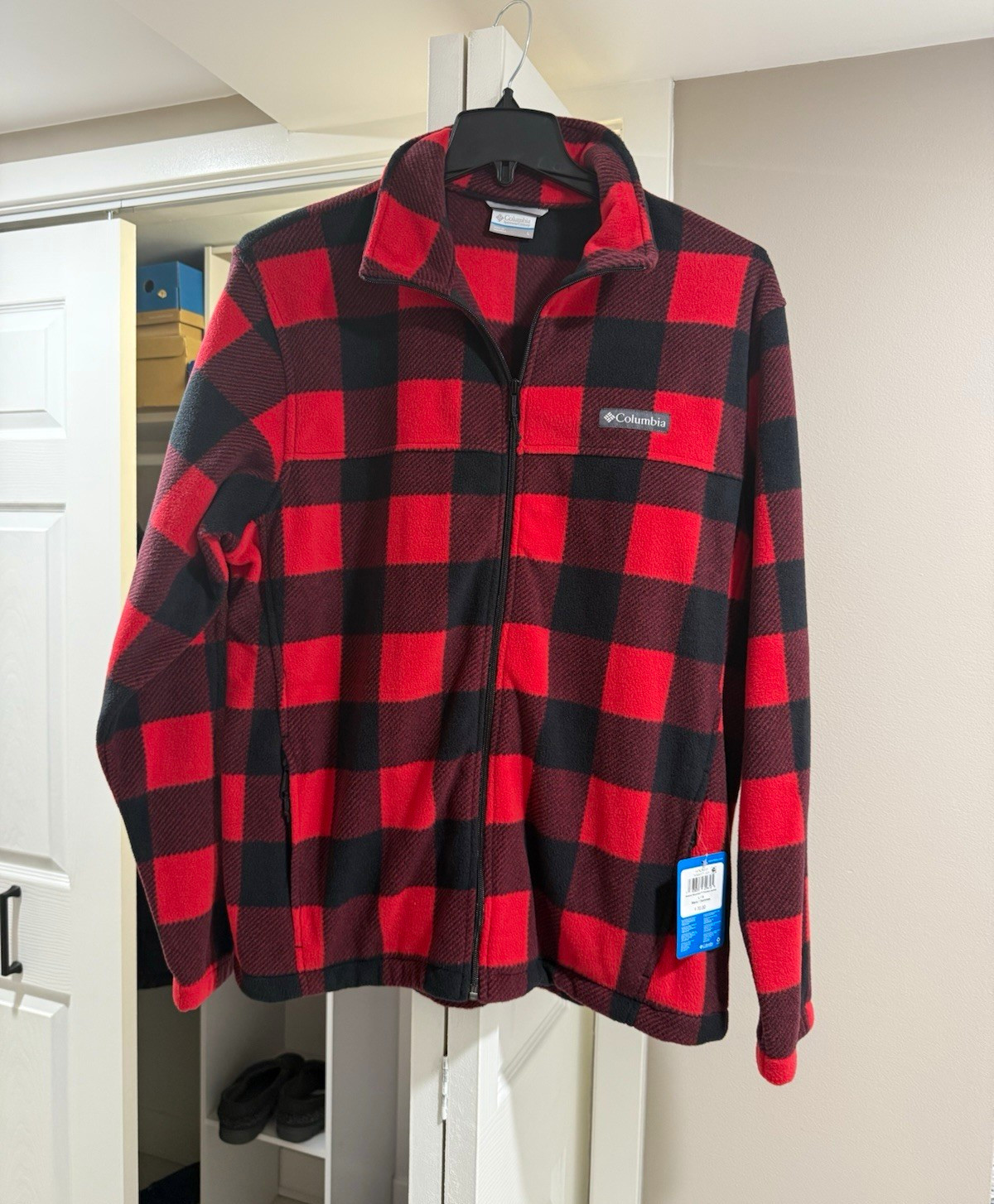 Columbia Men\'s L Full Zip Jacket Red Black Plaid Stand-Up Collar Regular Fit