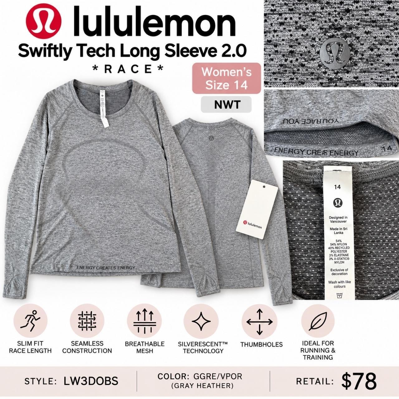 Lululemon Women Gray Swiftly Tech Long Sleeve 2.0 Race Length Shirt 14