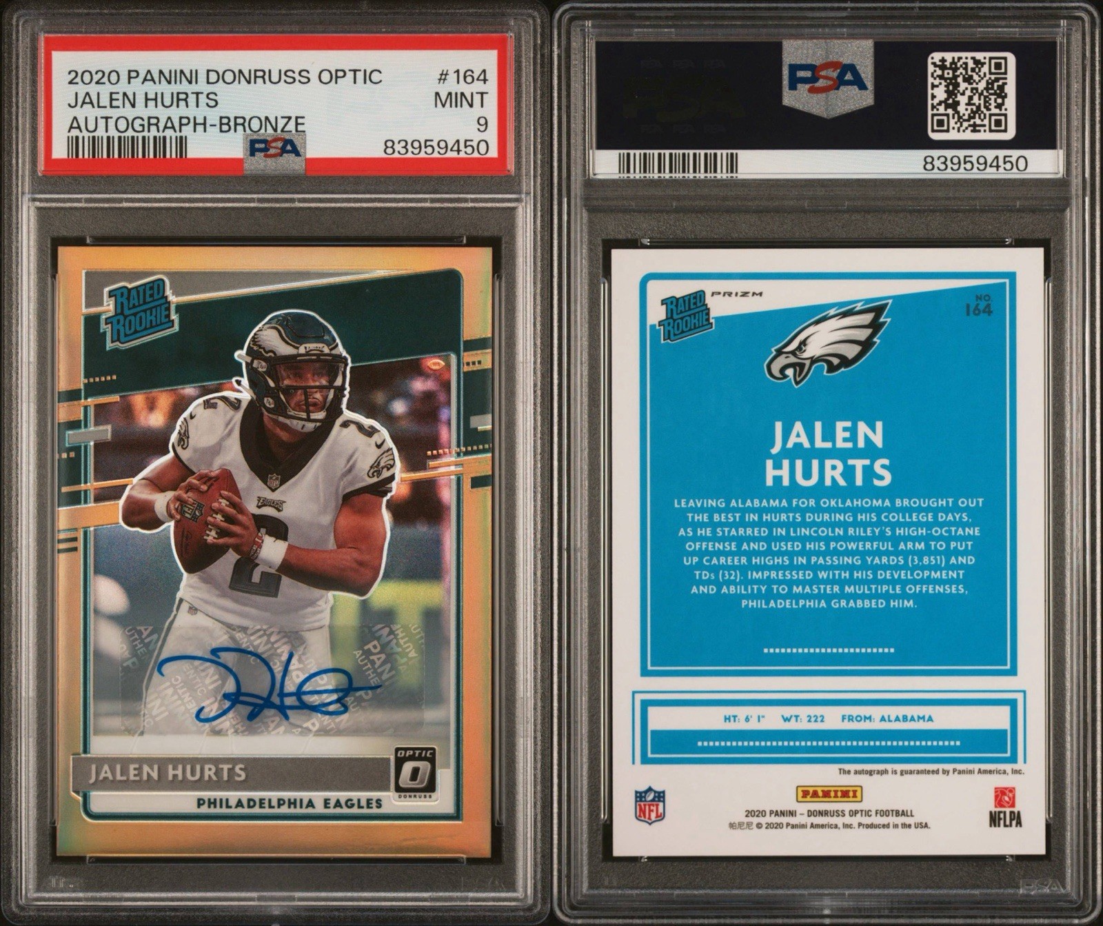 2020 Jalen Hurts Optic Rated Rookie Bronze Autograph #164 PSA 9