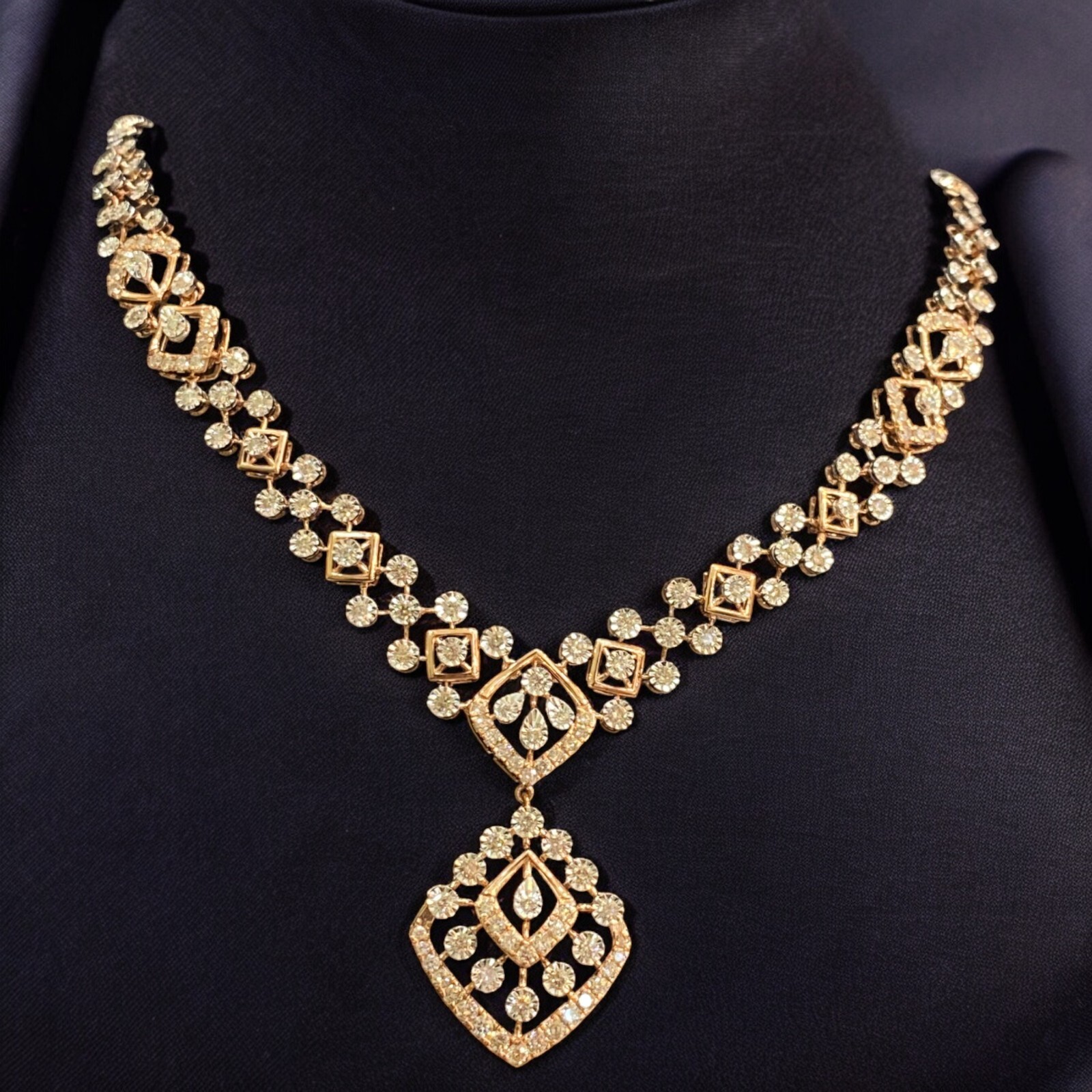 Pave 3.71 Cts Round Brilliant Cut Natural Diamonds Bridal Necklace 14K Rose Gold