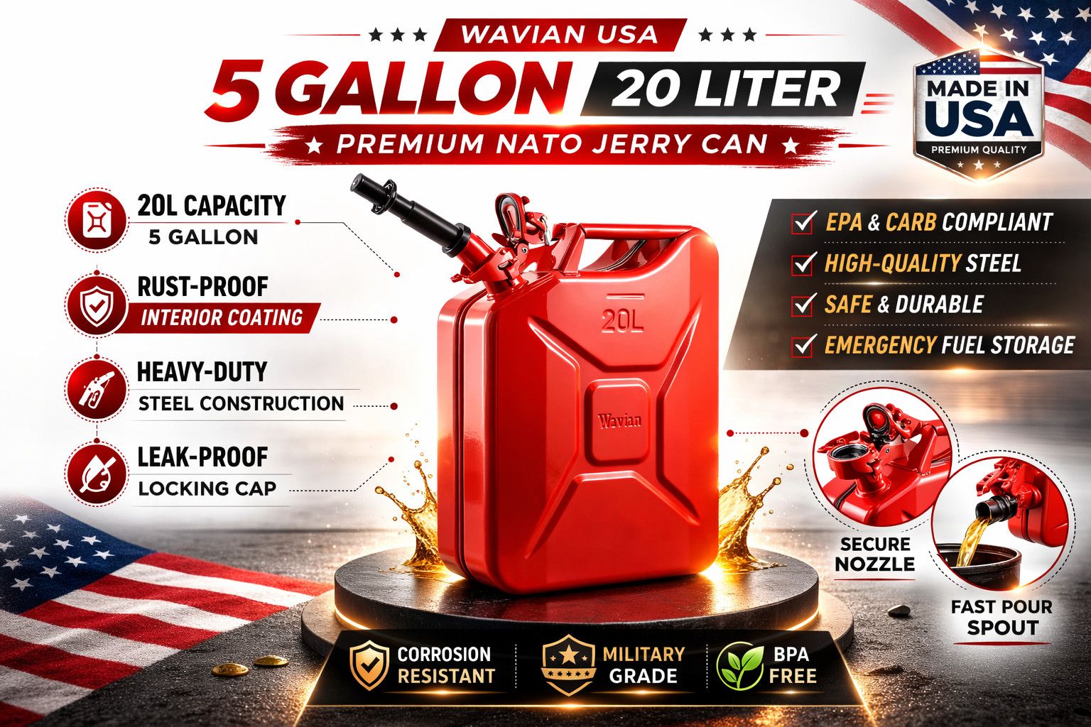 Wavian 5 Gallon 20L NATO Steel Jerry Can w/ Leakproof Spout Red