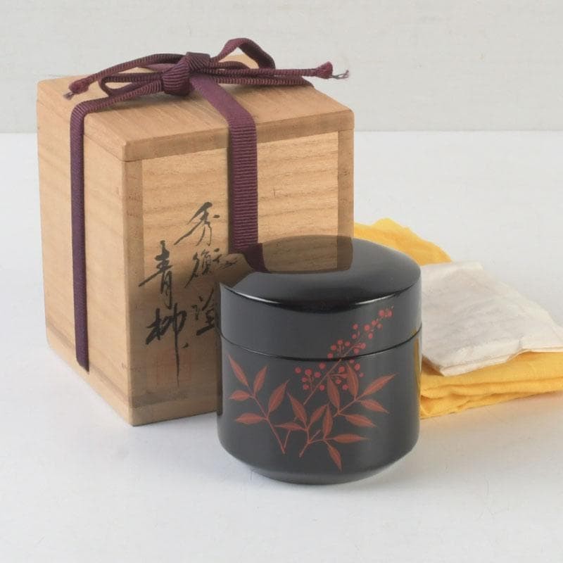 Japanese Hidehira Lacquer Nandina Makie Nakatsugi Tea Caddy Signed Aoyagi