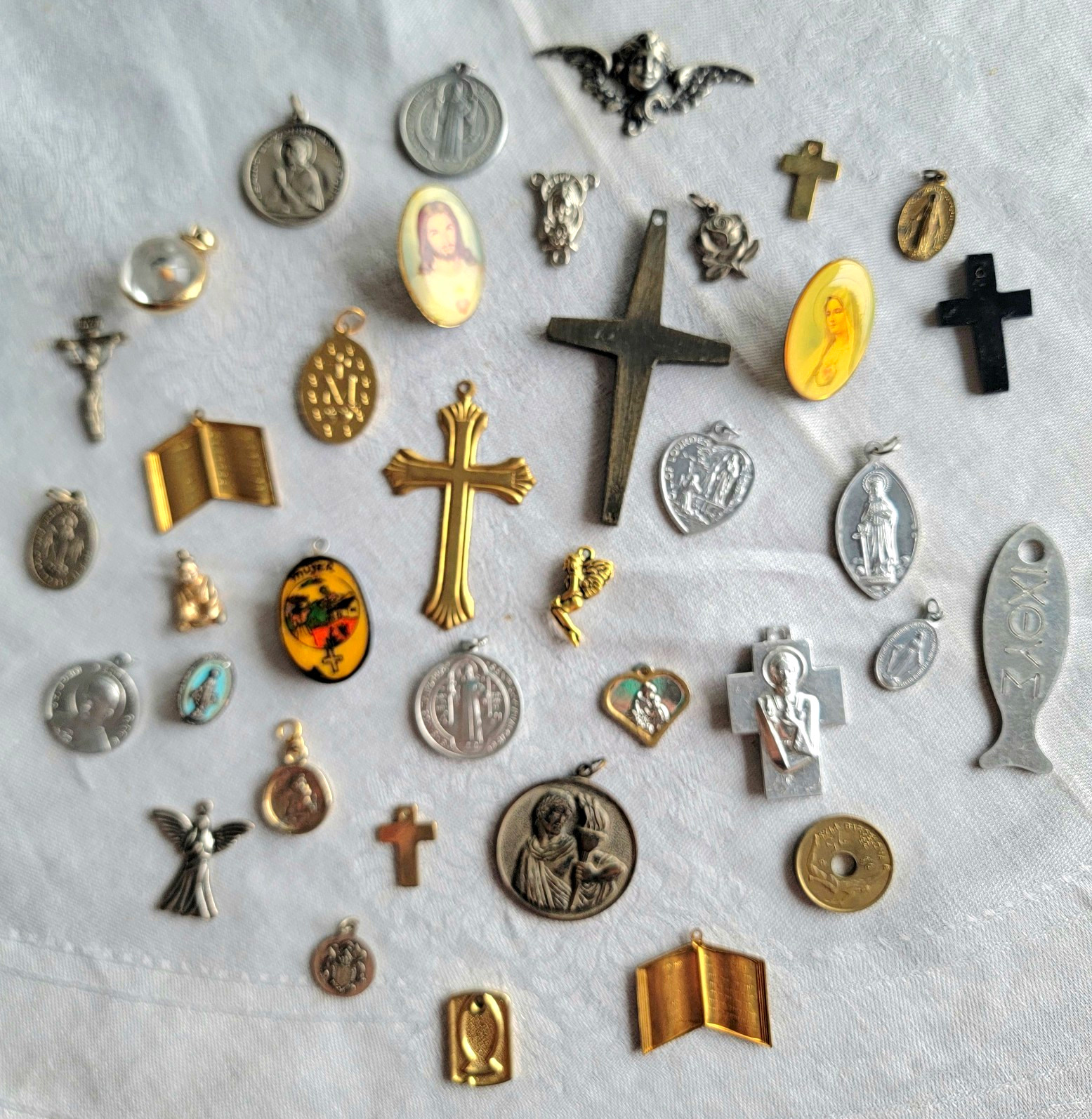 Vintage Religious Medal Charm Lot Crosses Angels Mary Jesus Catholic Christian