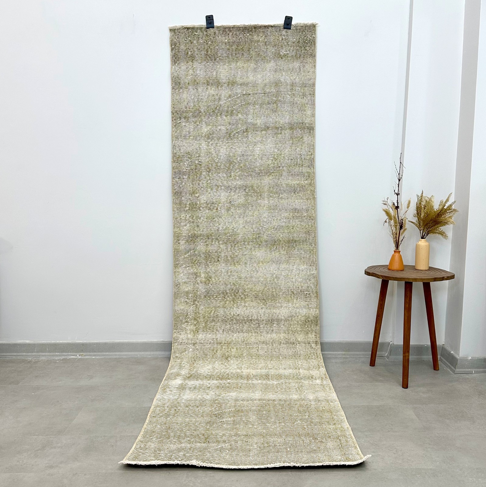 3x9 Vintage Turkish Oushak Runner, Beige Green Rug, Handmade Wool, Bohemian Rug