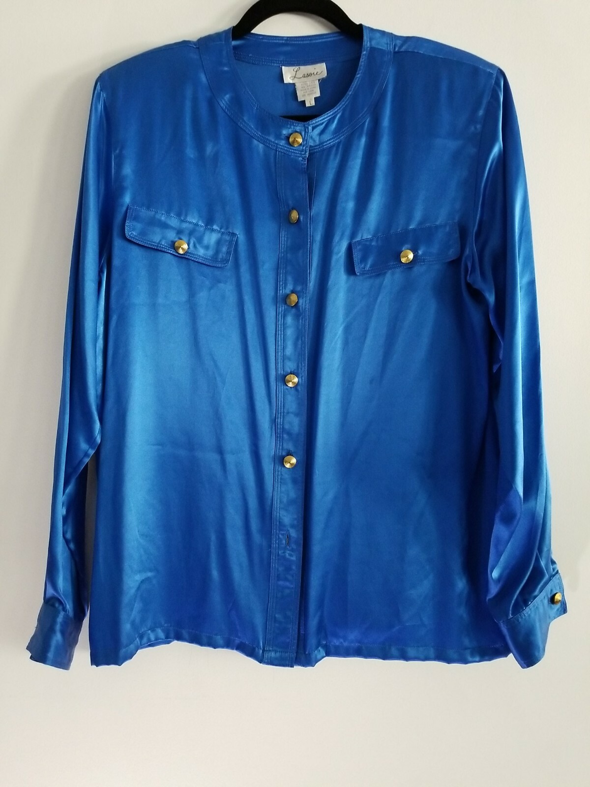 Gorgeous Lasoie Royal Blue 100% Silk Button Front Dressy Blouse Long Sleeve  L