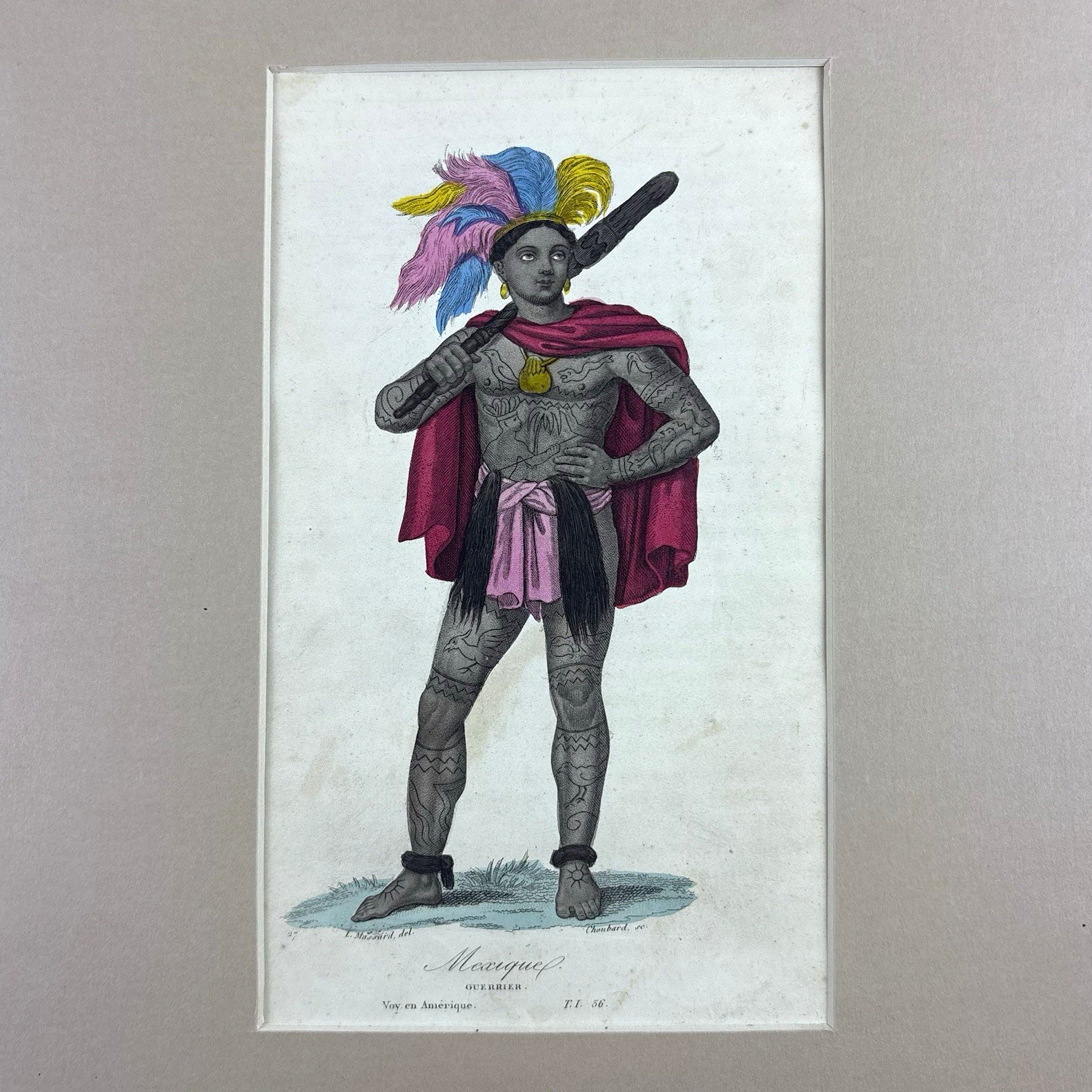 Antique c1844 Hand Colored Engraving Mexican Warrior Mexique Guerrier Massard
