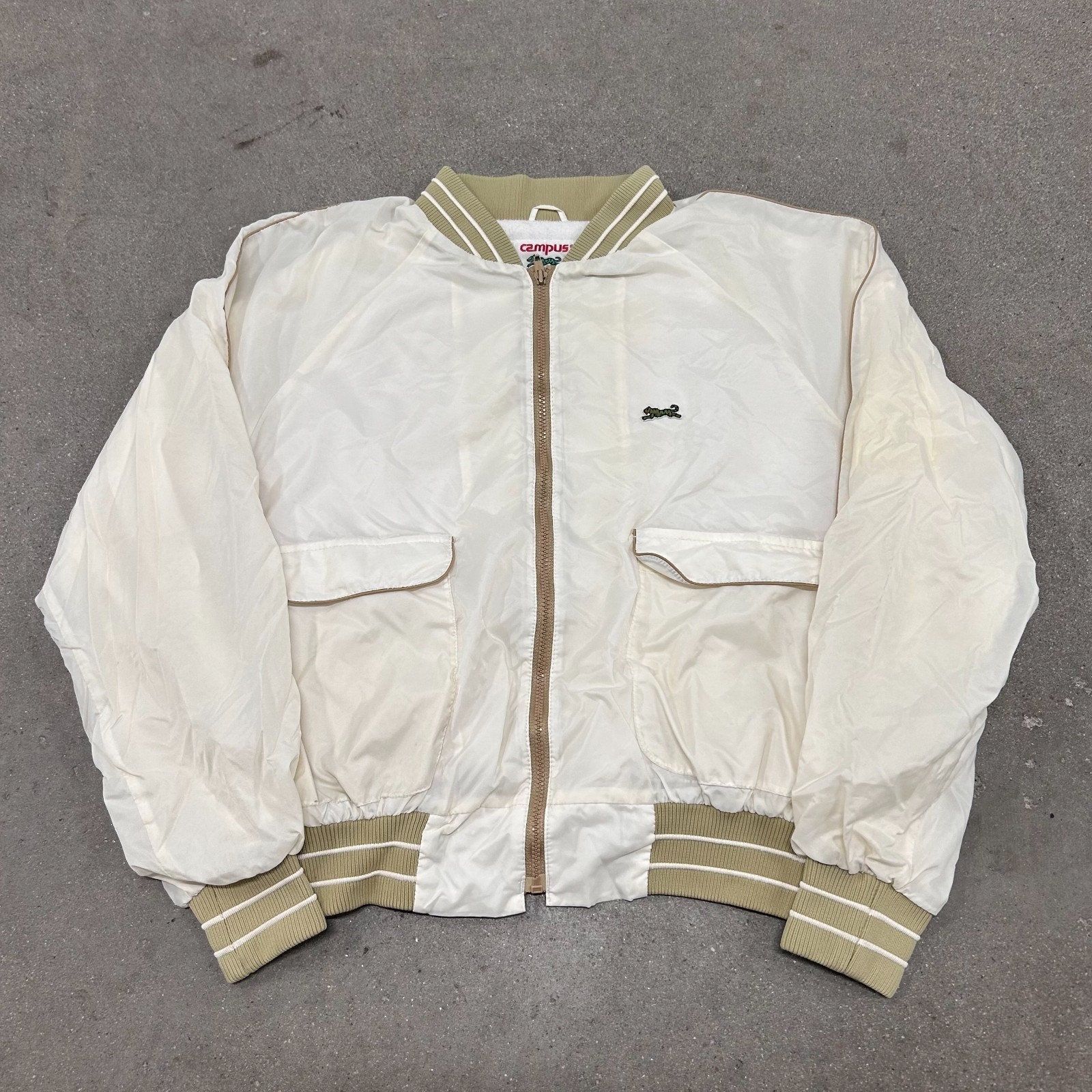 Vintage Campus Le Tigre Bomber Jacket Men Cream Embroidered Logo Ribbed Full Zip Vintage Campus Le Tigre Bomber Jacket Men Cream Embroidered Logo Ribbed Full Zip