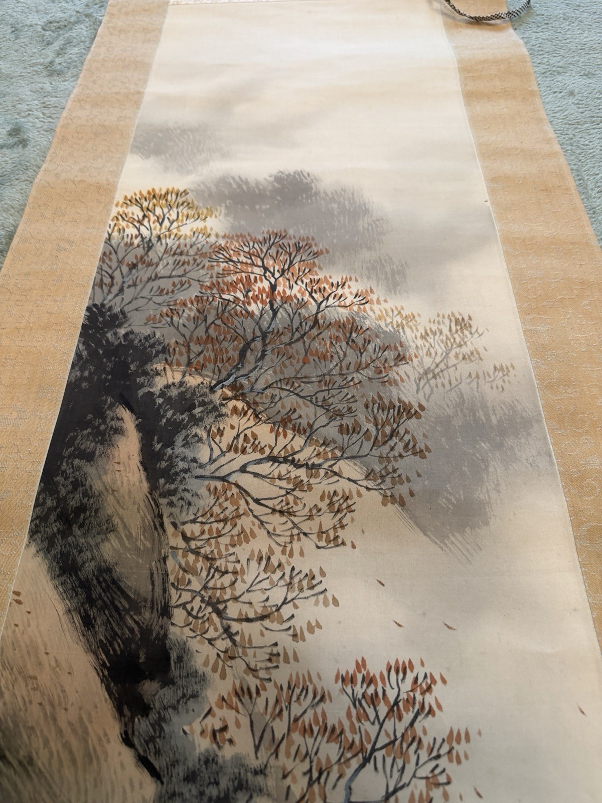 Vintage Japanese Hanging Scroll Kakejiku Autumn Landscape Horse Traveler 192cm