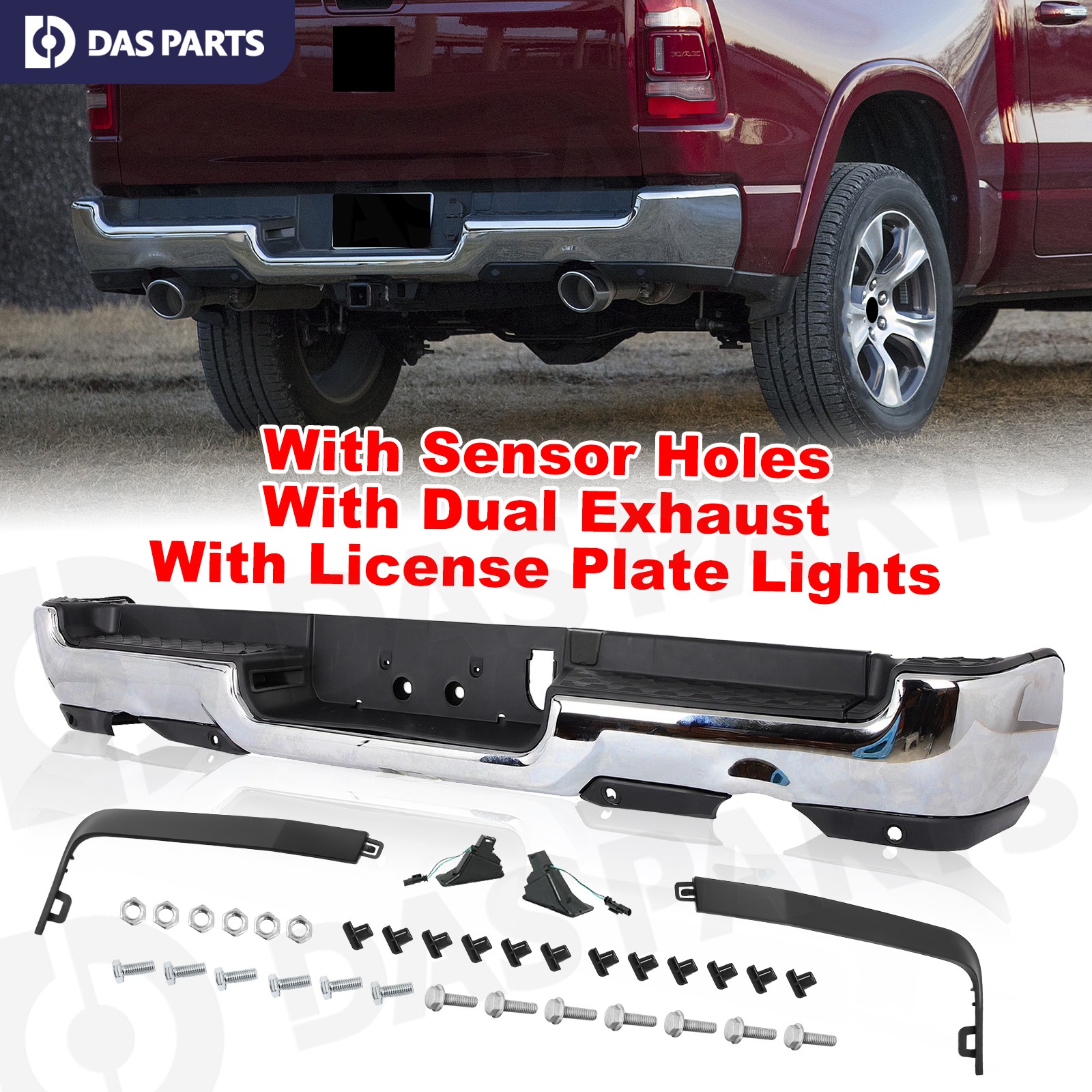 Rear Chrome Steel Bumper For 2019-2024 RAM 1500 w/ Dual Exhaust & Park Sensors