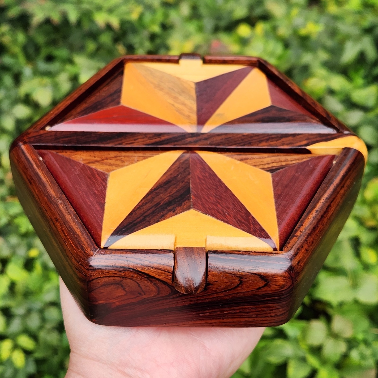 Vintage Japanese Muku Yosegi Wood Parquetry Hexagonal Jewelry Box – Gullwing Lid