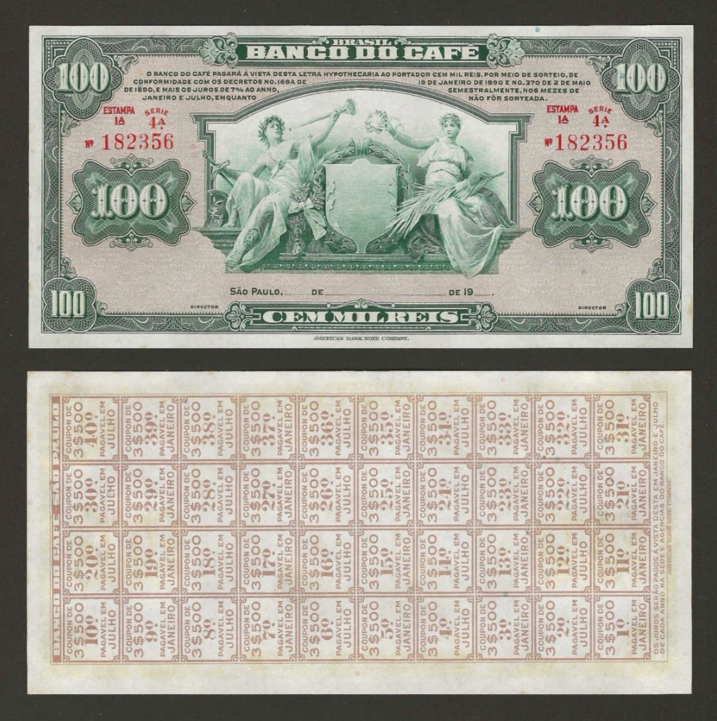 BRAZIL 100 Mis Reis 1890 (1929), P-S541 Banco do Cafe, Original UNC (Remainder) BRAZIL 100 Mis Reis 1890 (1929), P-S541 Banco do Cafe, Original UNC (Remainder)