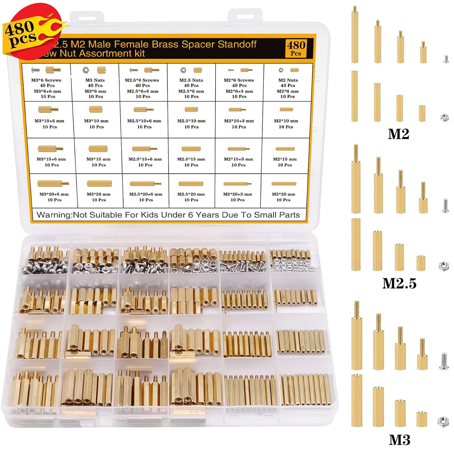 480Pcs M2 M2.5 M3 Motherboard Standoffs&Screws&Nuts Kit, Hex Male-Female Brass