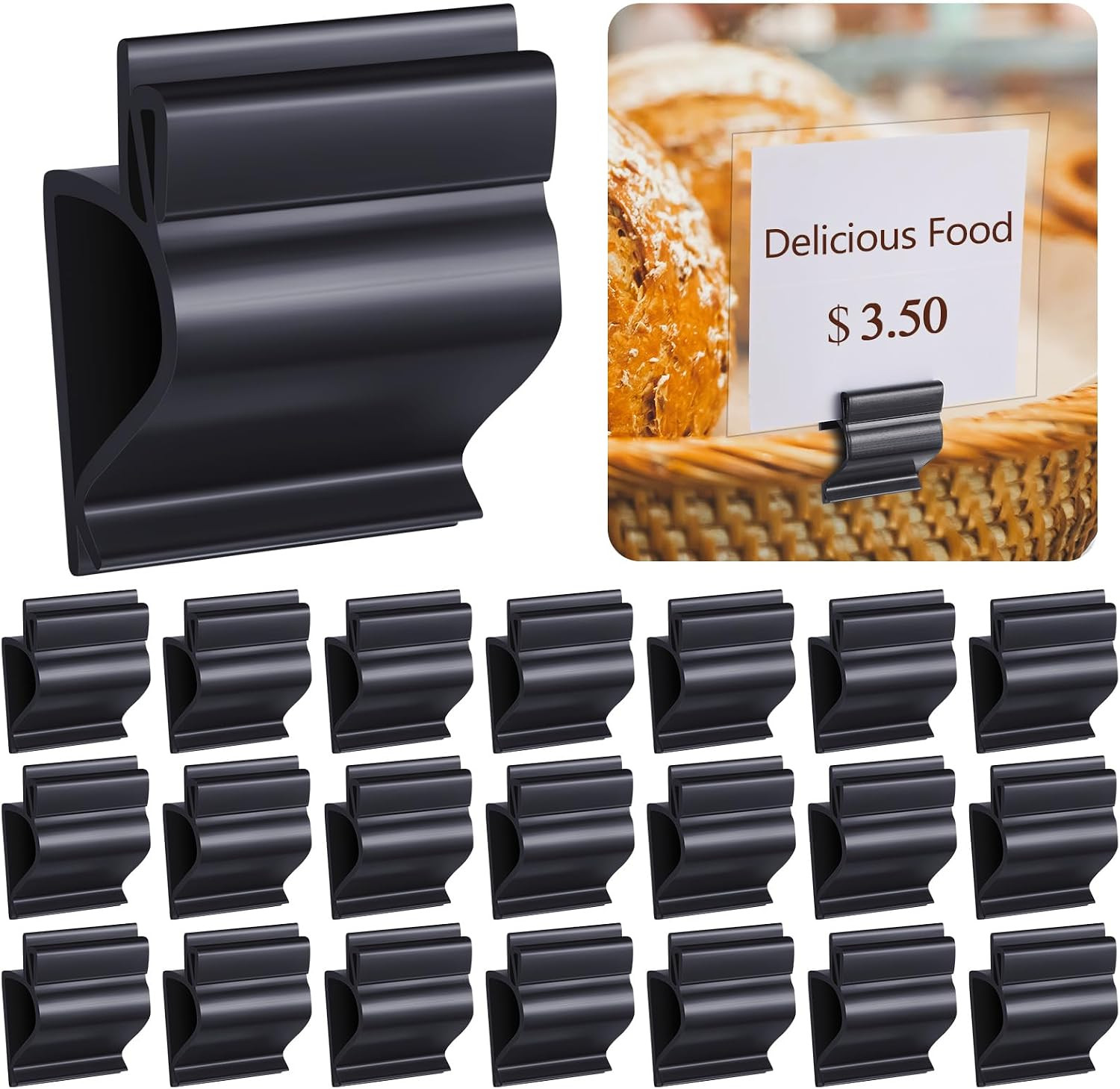 20 Pack Food Tray Label Holders Bowl Sign Clip Black Plastic Reusable Clip on Si