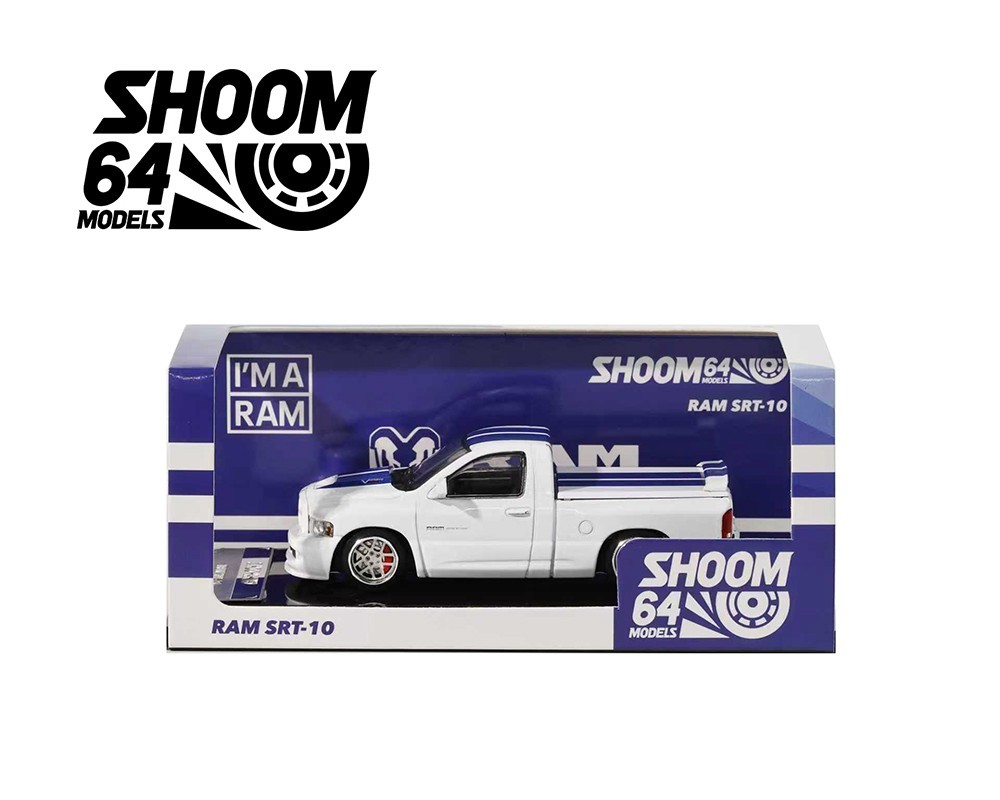 SHOOM64 2003 Dodge Ram SRT-10 Pickup White with Blue Racing Stripes 1/64