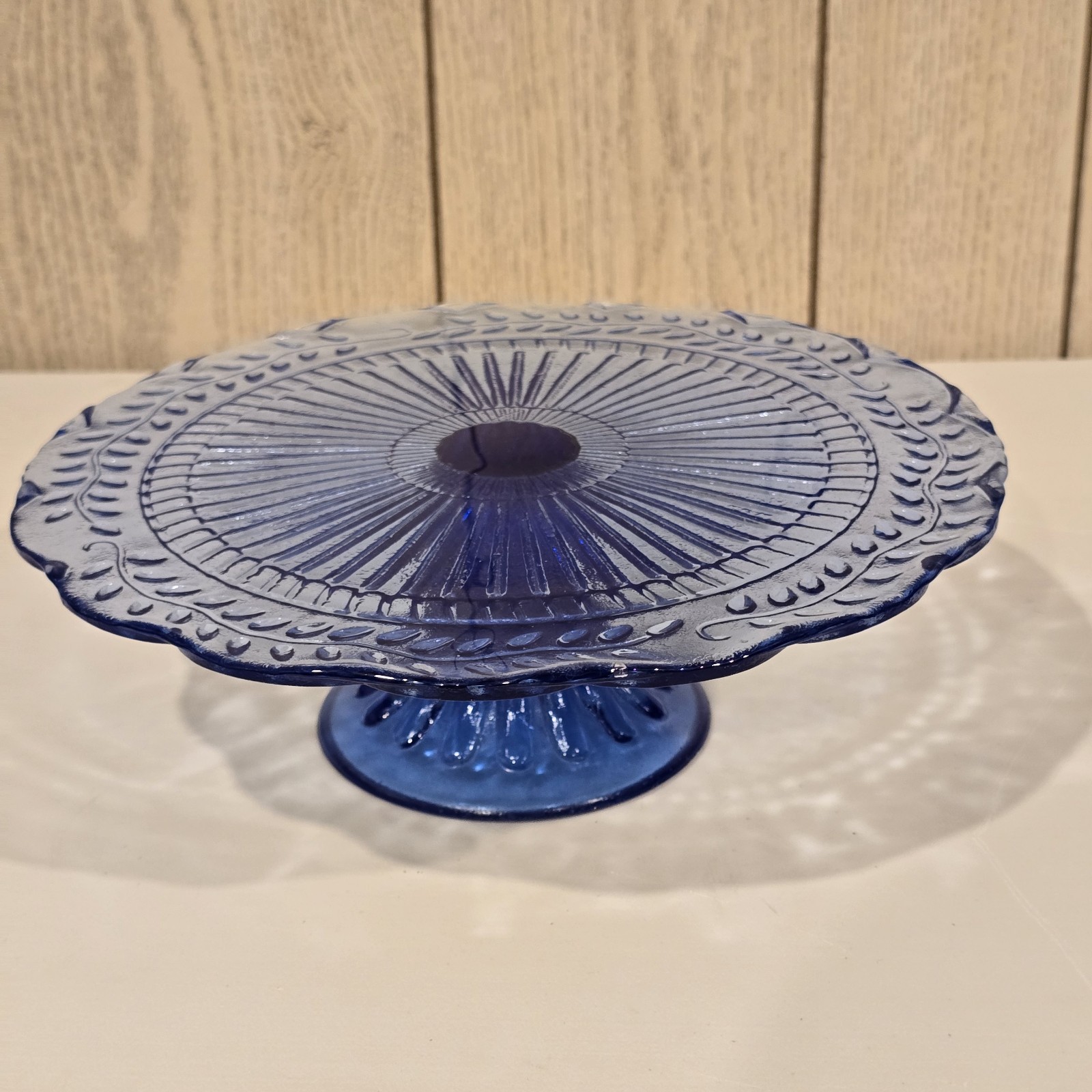 Vintage Cobalt Blue Glass Laurel Leaf Pedestal Cake Stand 10” Excellent
