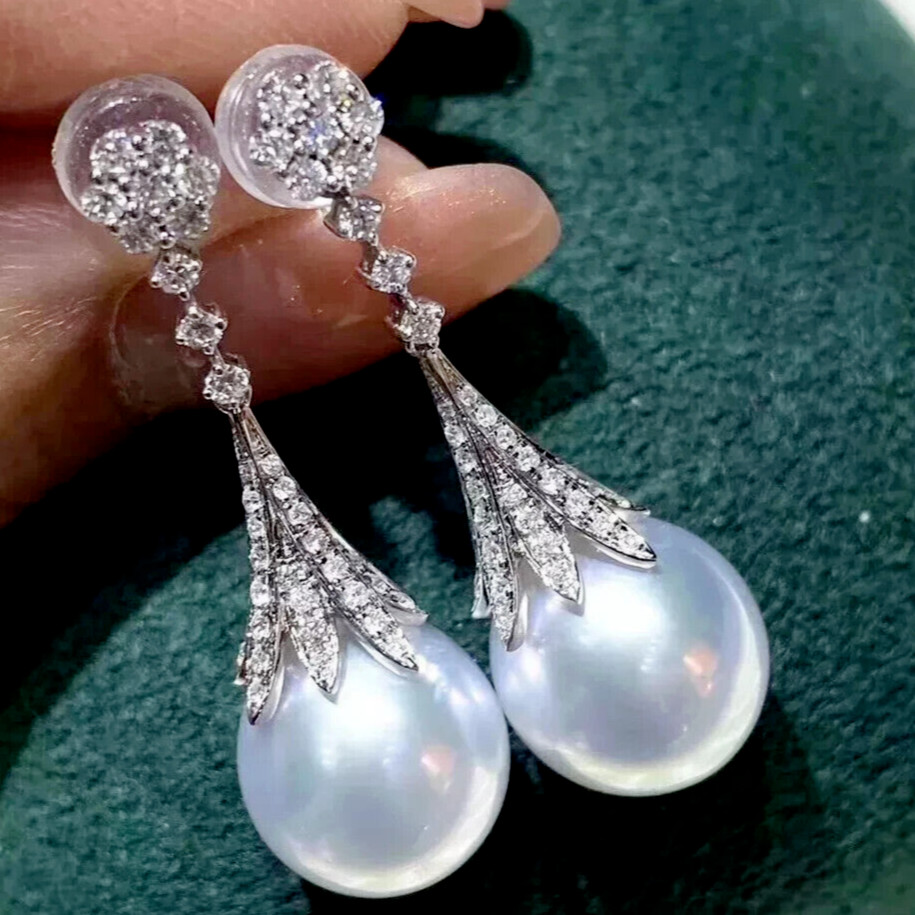 Gorgeous Giant AAAA 11-10mm Natural South Sea Round White Pearl Earrings 925