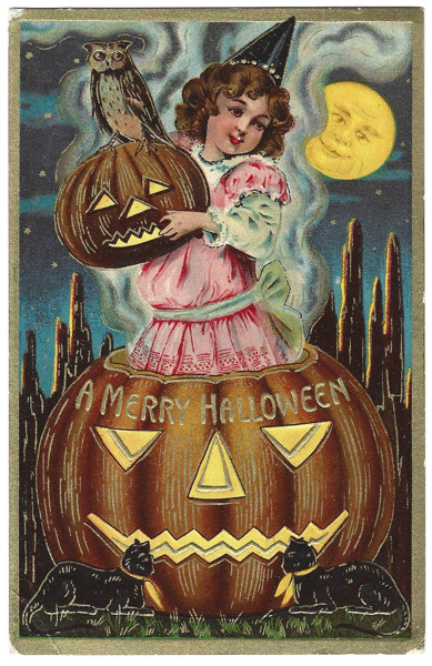 Atq Embossed Halloween Postcard Young Witch in JOL Jack-o-Lanterns Blk Cats Unp