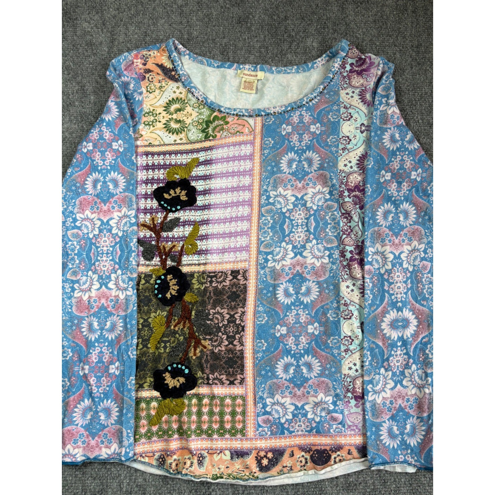 Sundance Womens Medium Blue Floral Patchwork Embroidered Long Sleeve Scoop Neck