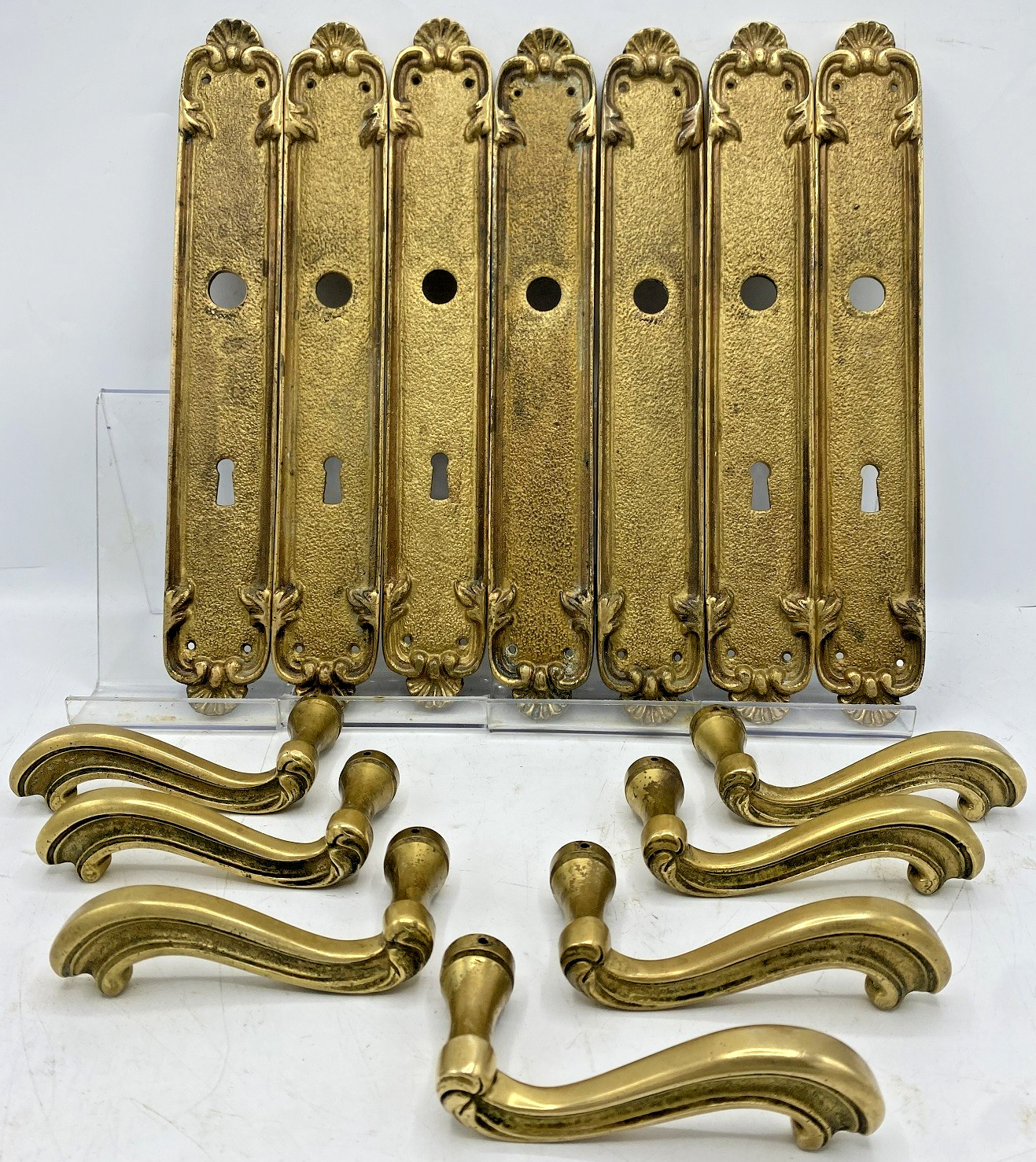 7 antique french door handles with plates Mid-1900\'s brass castle