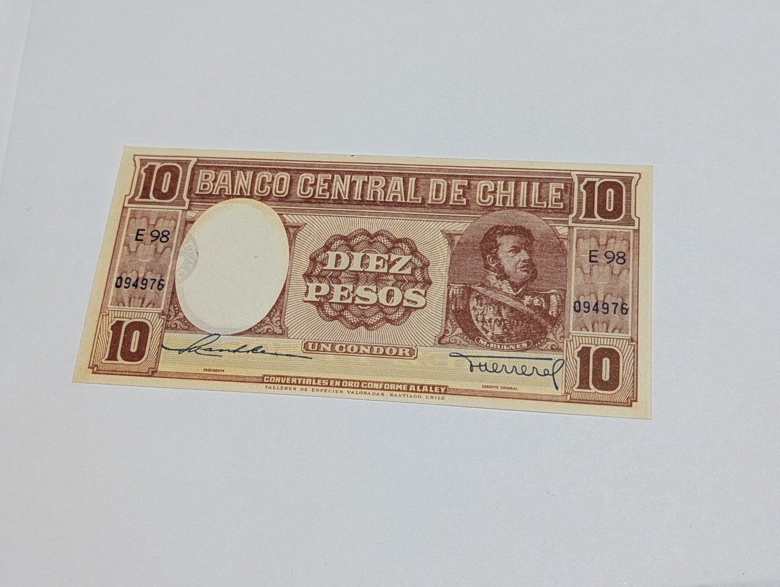 Chile 10 Pesos ND 1953-58 Banknote Pick 111 Un Condor Manuel Bulnes Crisp AU/UNC