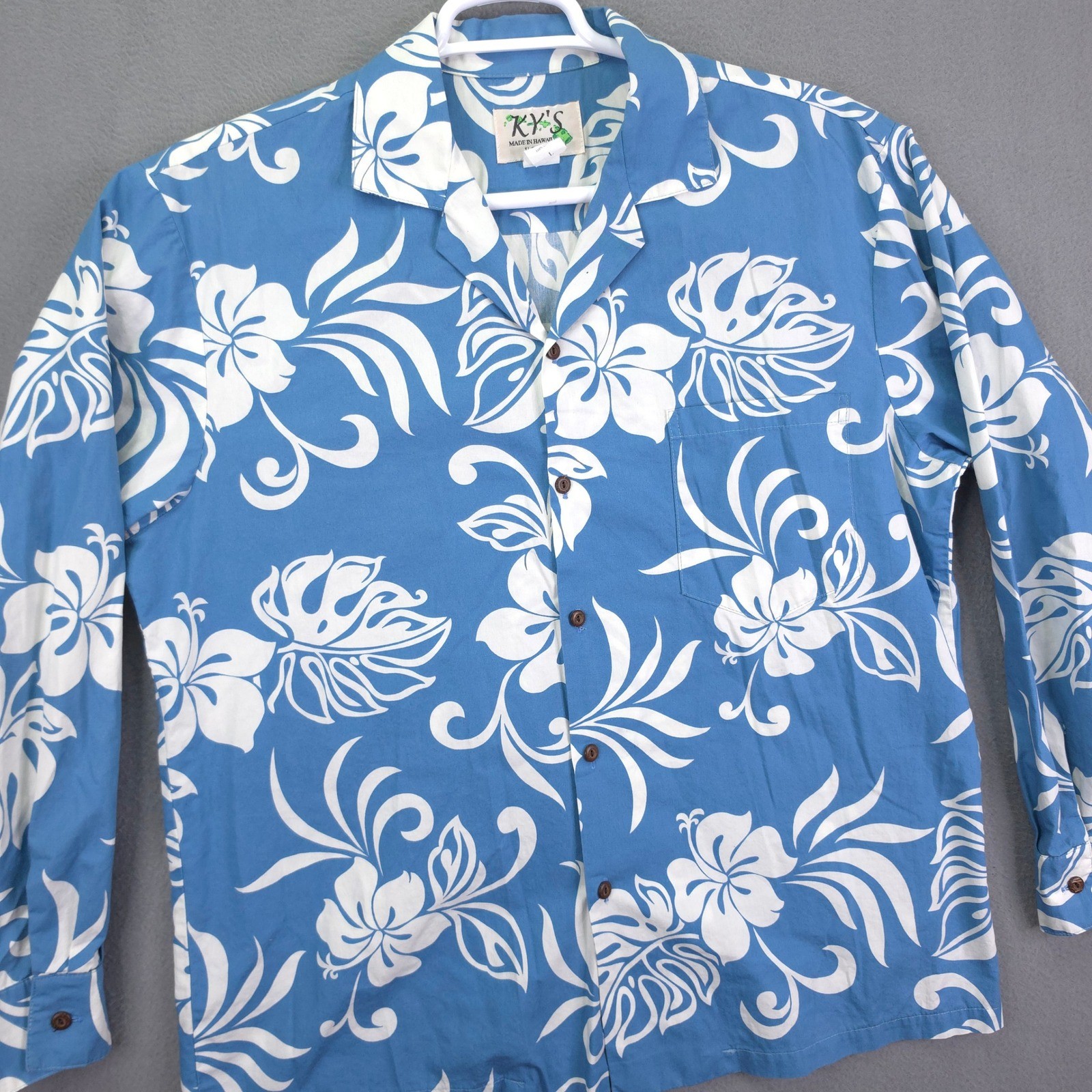 KY\'S Hawaiian Shirt Floral Hibiscus Large Blue White Long Sleeve RARE Made USA