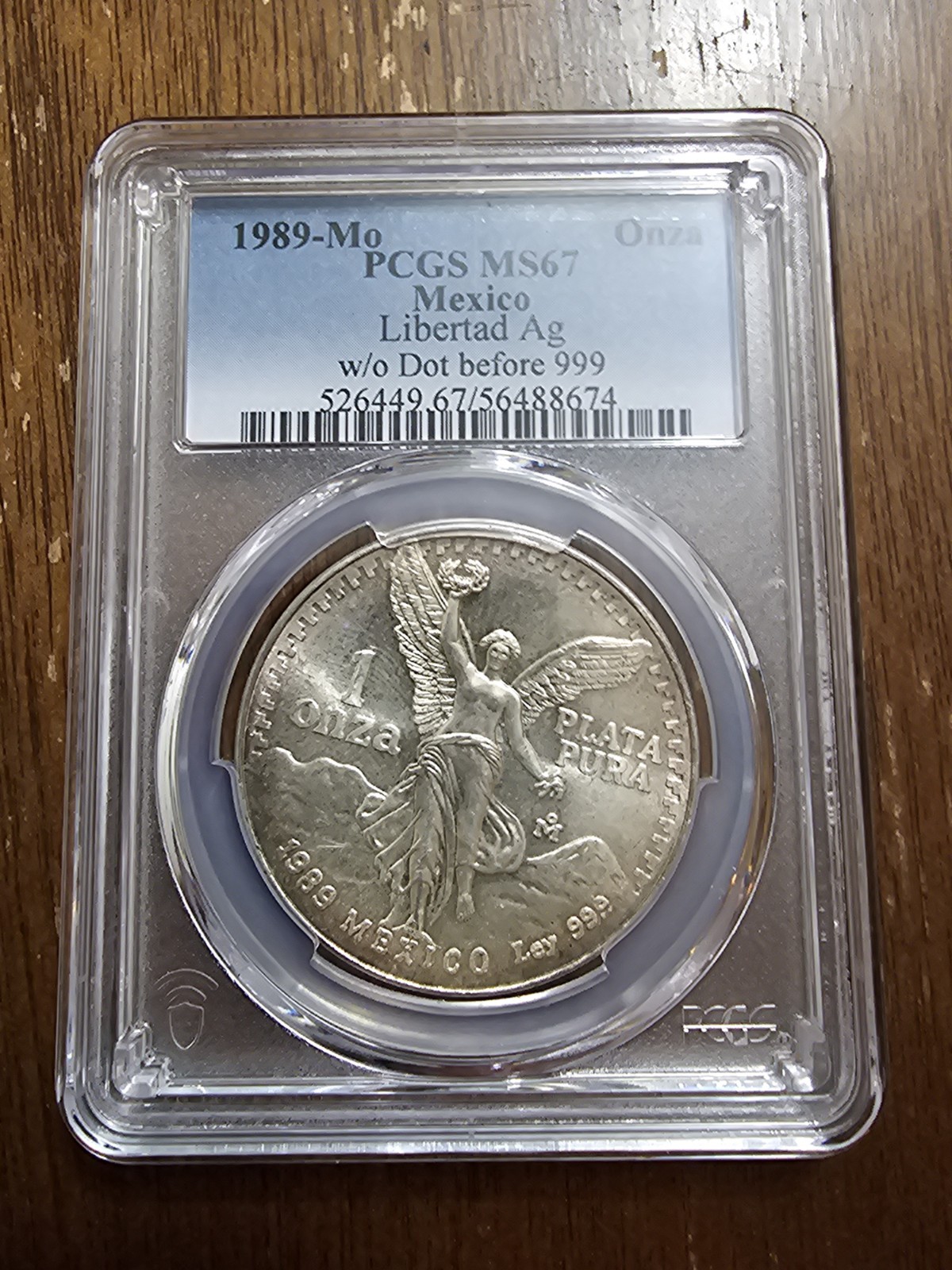 1989 MEXICO LIBERTAD 1 ONZA SILVER W/O DOT AT 999 PCGS MS67 LIGHT TONING 