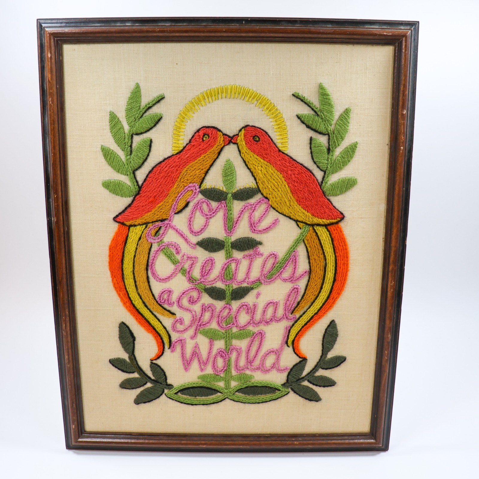 Vtg Crewel Embroidery Kitschy Funky Groovy Bright Love Creates a Special World Vtg Crewel Embroidery Kitschy Funky Groovy Bright Love Creates a Special World