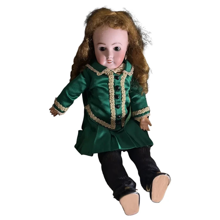 Antique French Limoges Bisque Head Doll Glass Eyes Composition Body Green Dress