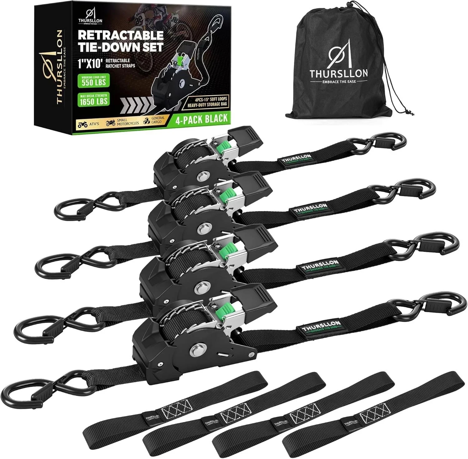 Rhino USA Retractable Ratchet Straps (4-Pack) - 1 Inch x 10 Feet (1,650lb Break