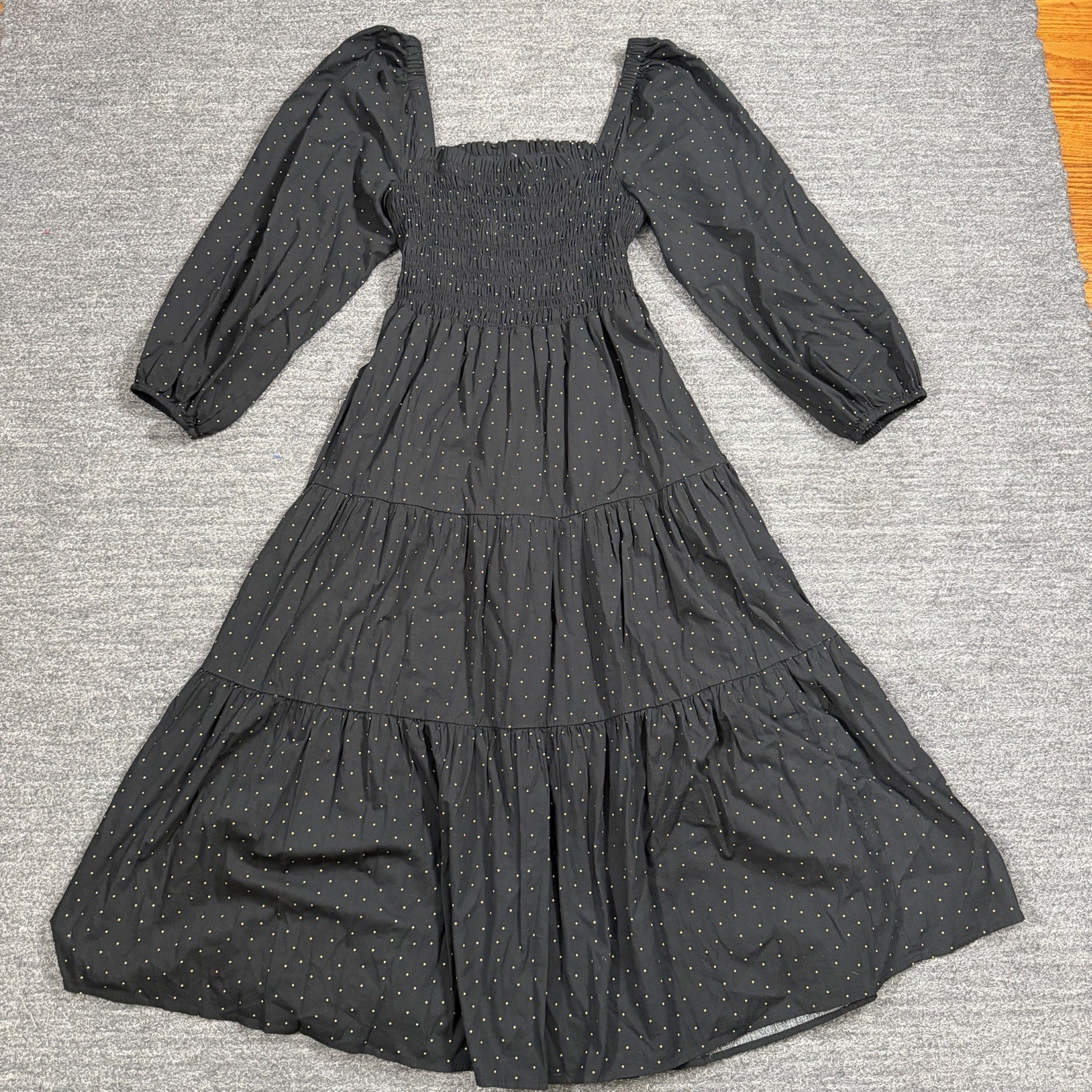 Madewell Lucie Tiered Midi Dress Women Large Black Polka Dot Puff Sleeve Smocked Madewell Lucie Tiered Midi Dress Women Large Black Polka Dot Puff Sleeve Smocked