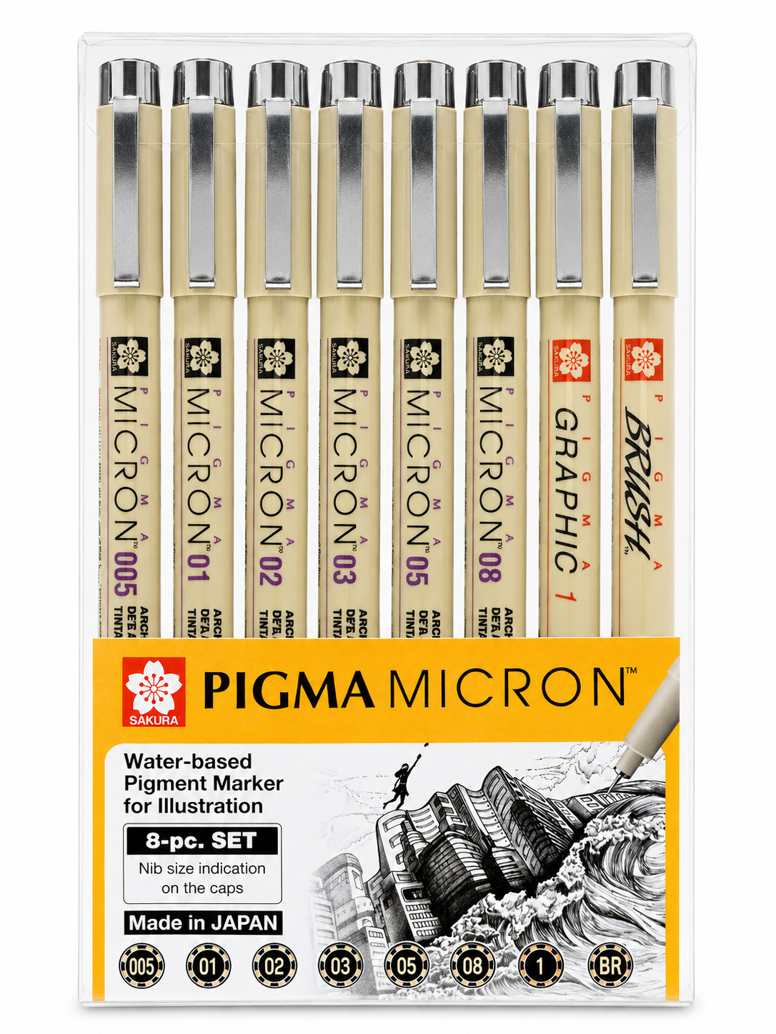 Sakura Pigma Micron, Graphic & Brush Fineline Pens, Archival Black Ink, 8 PK