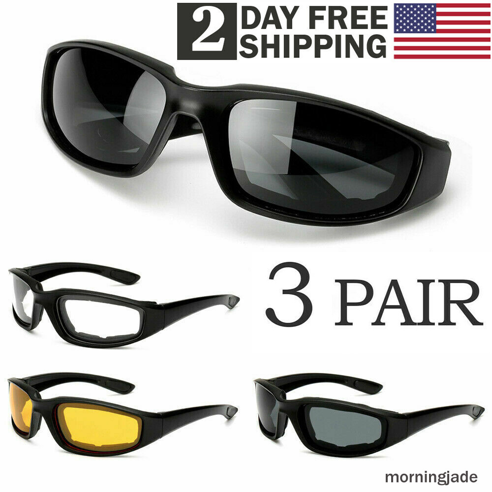 3 Pair Motorcycle Sports Padded Biker Riding Glasses Wind Resistant Sunglasses