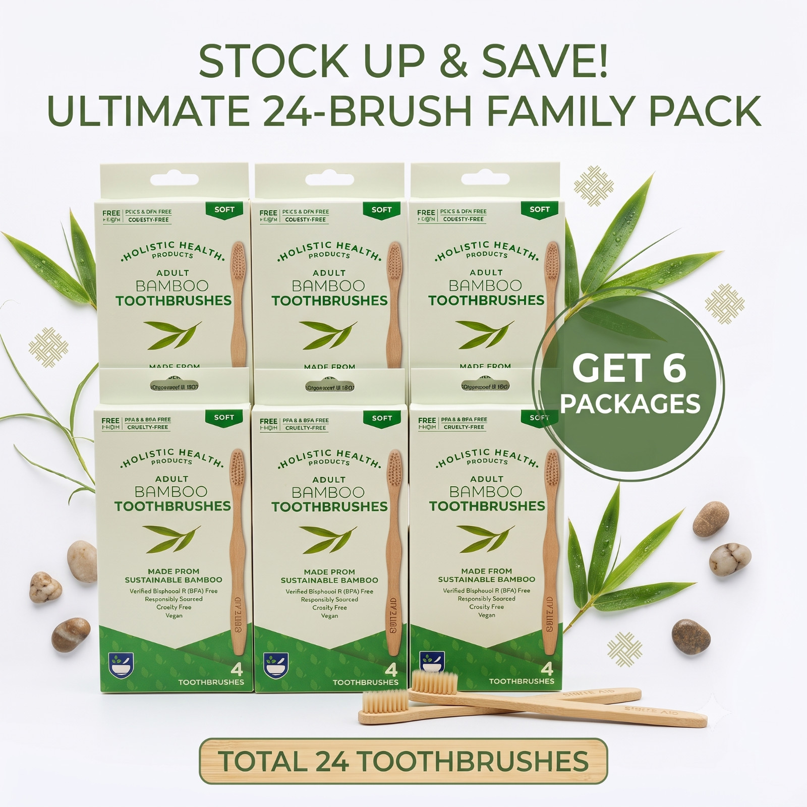 Rite Aid Bamboo Toothbrush 6 Pack (24 Total) Soft Eco Natural Wooden BPA Free