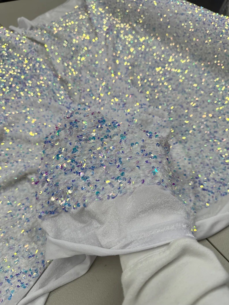 White Iridescent Sequin Stretch Velvet Fabric Sparkly Spandex Costumes Dancewear