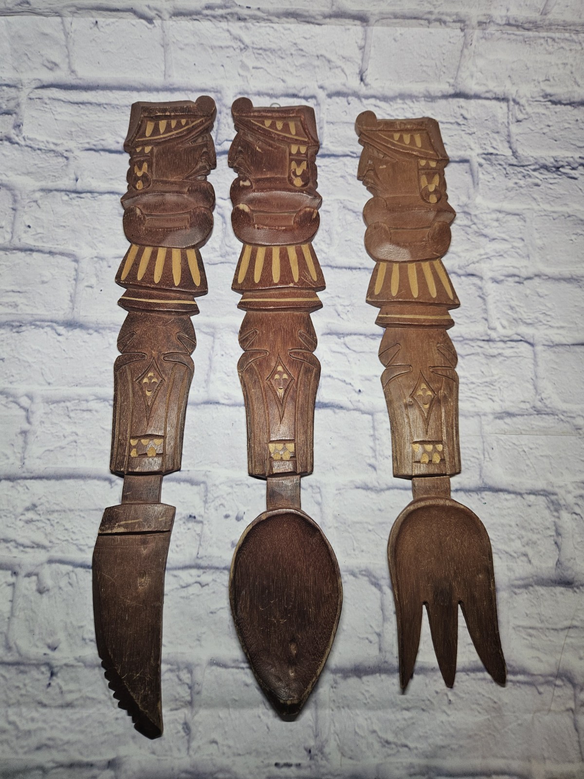 Vtg Wooden Fork, Spoon, Knife Tiki-Style Carved Wall Decor - 23\